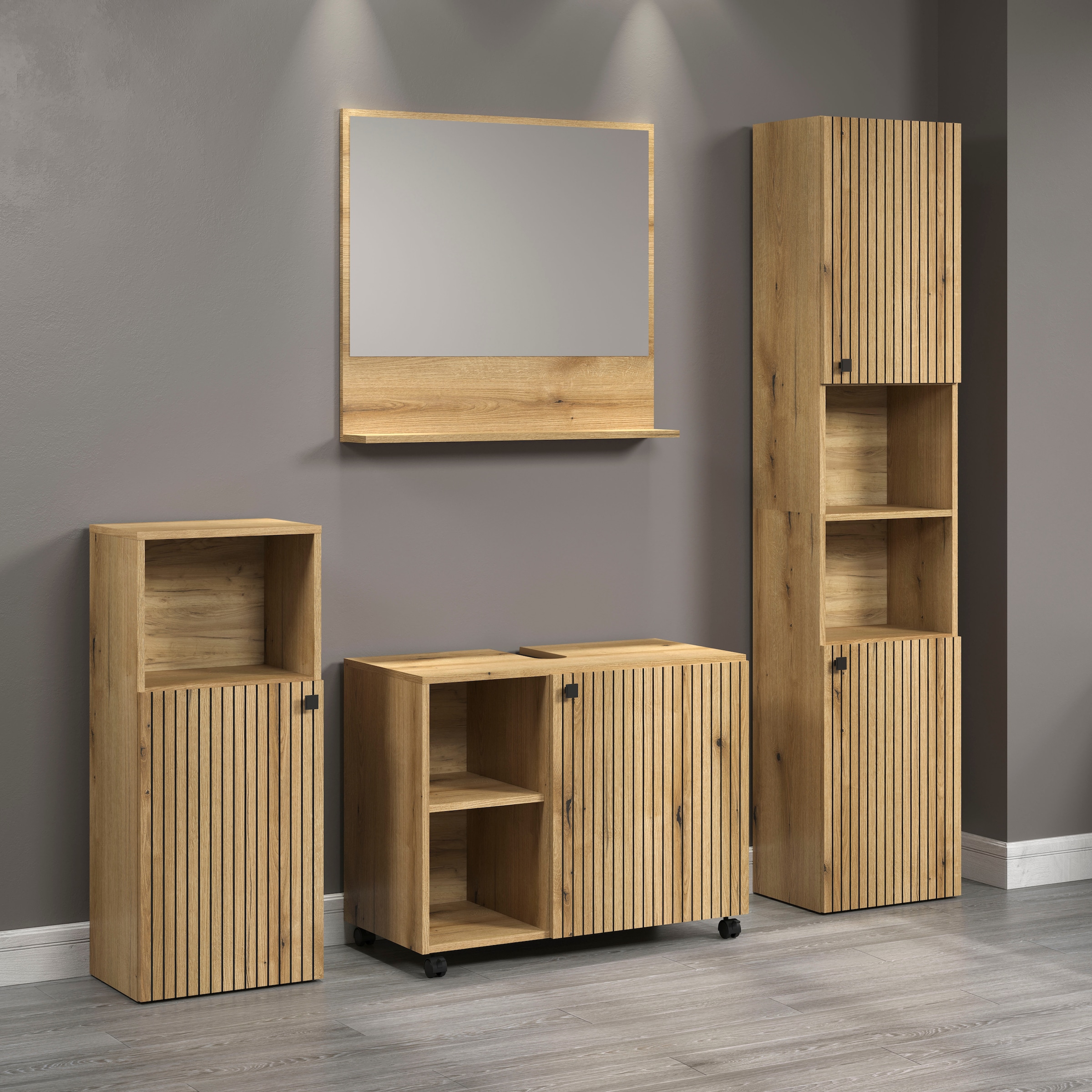 welltime Badmöbel-Set »Amrum Waschbeckenunterschrank Spiegel Hochschrank Badschrank« Komplett-Set, 4 Stk. tlg.