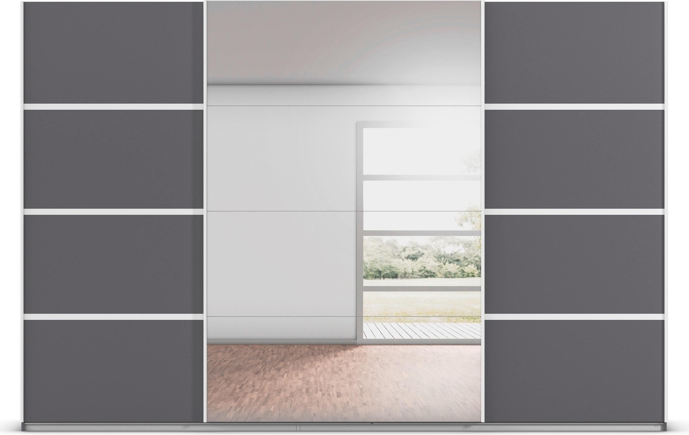 rauch Kleiderschrank »Schwebetürenschrank Garderobe Schrank TOP ANGEBOT Avola«, (in 3 verschiedenen Ausstattungen BASIC/CLASSIC/PREMIUM inkl. Spiegel), mit eleganten Zierleisten in Chrom, Schwarz oder Weiß MADE IN GERMANY