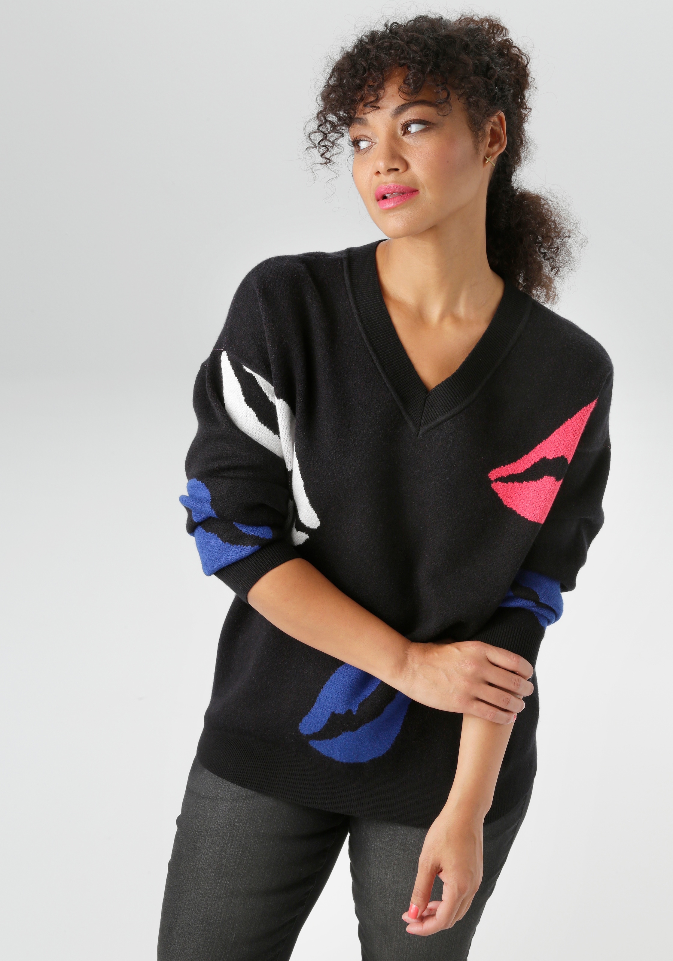 Aniston PLUS Strickpullover, mit eingestrickten farbigen Kussmündern - NEUE günstig online kaufen