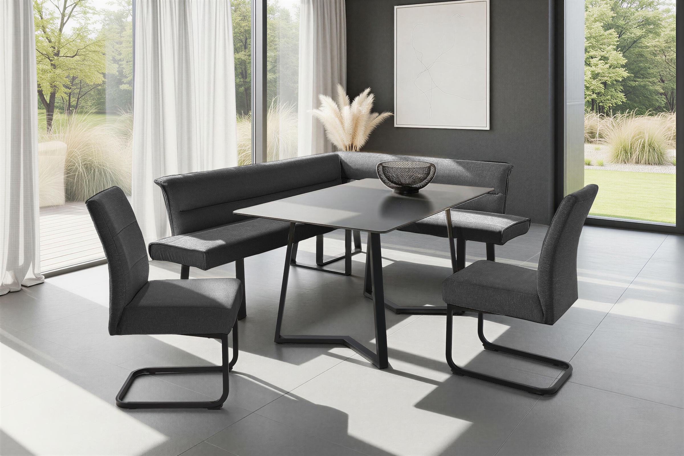 Jockenhöfer Gruppe Eckbankgruppe "Tisch, Bank und 2 Stühle, Taschenfederkern" Set, 4 tlg. Tisch (140x90cm) schwarz, Bank und Stühle anthrazit oder beige