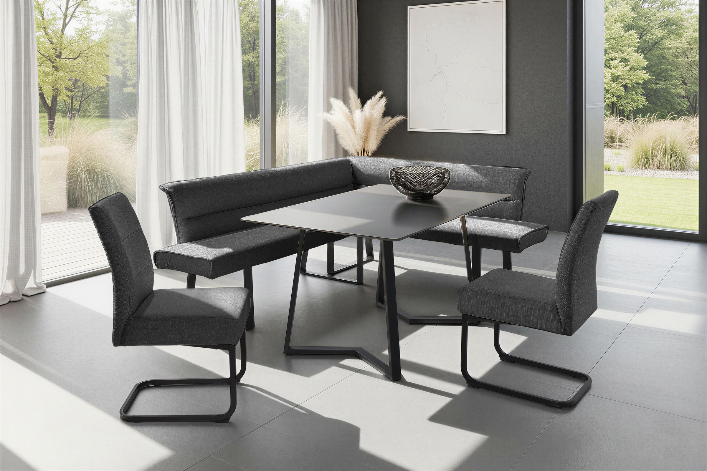 Eckbankgruppe OTTO HOME "(Set, 4-tlg. Tisch, Bank und 2 Stühle), Taschenfederkern", tisch schwarz, bank anthrazit, stühle anthrazit, langer Schenkel links, BxT Eckbank: 178x219cm, Sitzmöbel-Sets, Eckbankgruppe, Tisch (140x90cm) schwarz, Bank und Stühle an