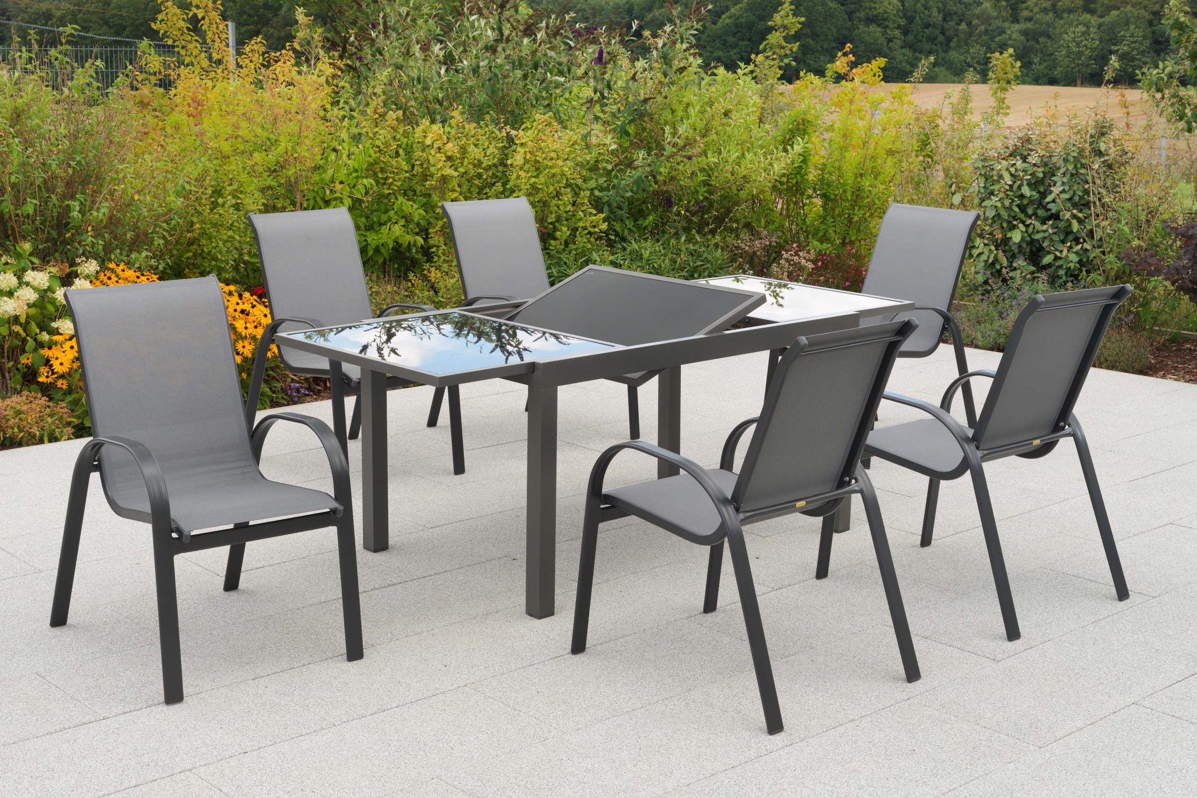 MERXX Garten-Essgruppe »Amalfi« Set, 7 tlg. inkl. 6 Stapelsessel, 1 Ausziehtisch