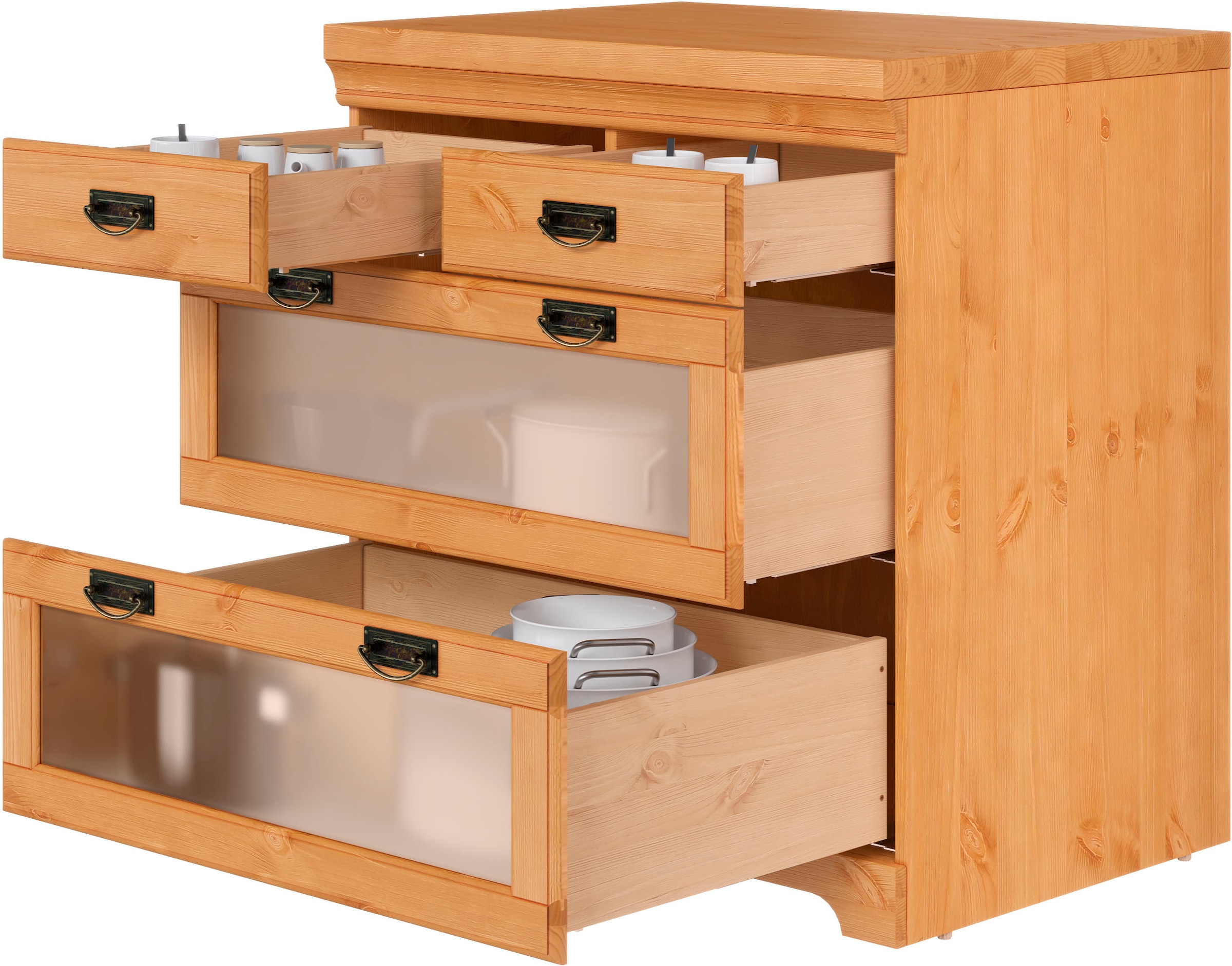 Home affaire Unterschrank »Rügen«, Breite 80 cm, Kiefer massiv, Schubkästen mit Glaseinsatz