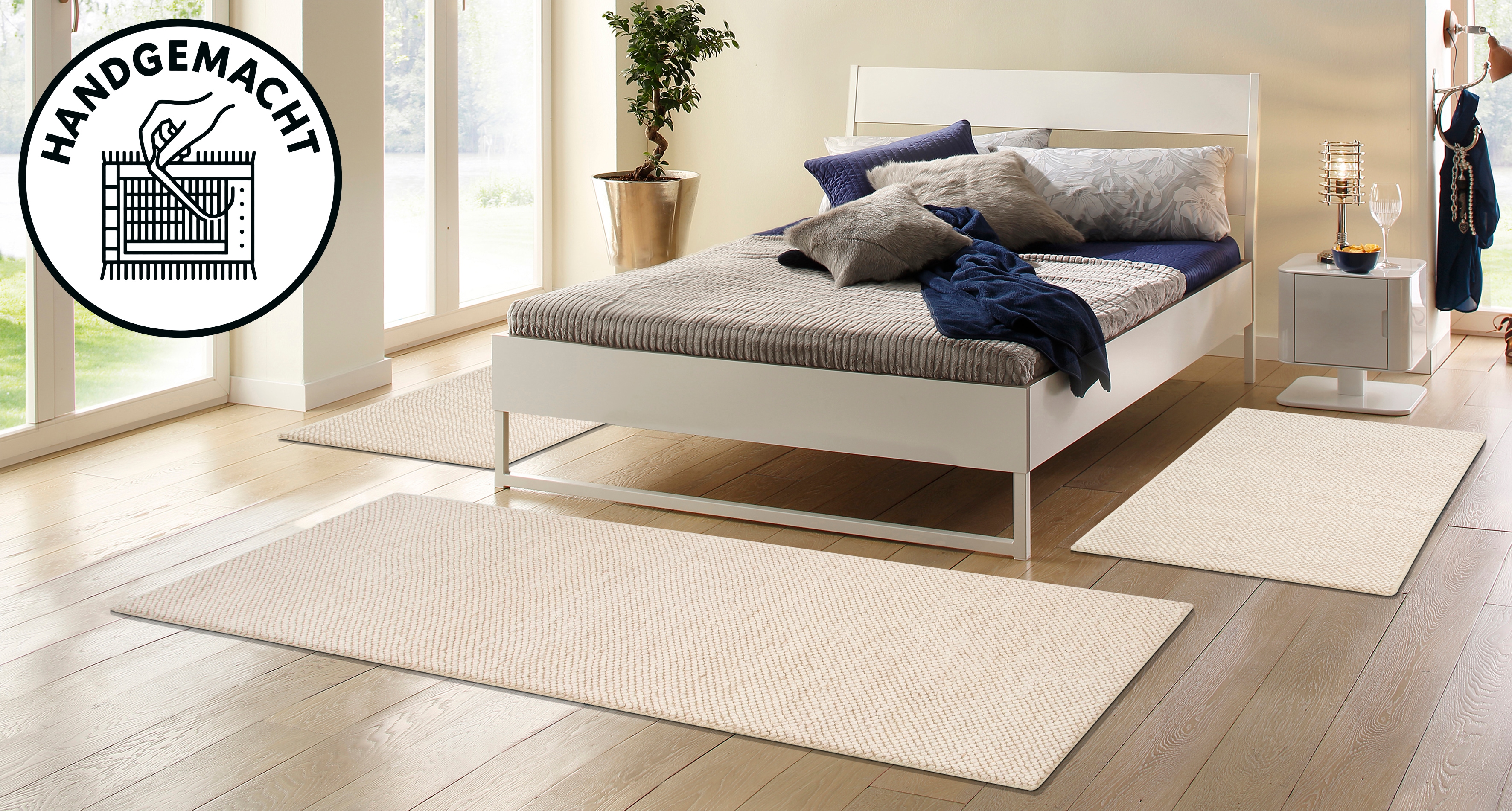 OTTO home Bettumrandung "Wolly, Handweb Teppiche" Höhe 14 mm 3 Stk. tlg. Bettvorleger, Wolle, handgewebt, Läufer-Set Wohnzimmer, Schlafzimmer