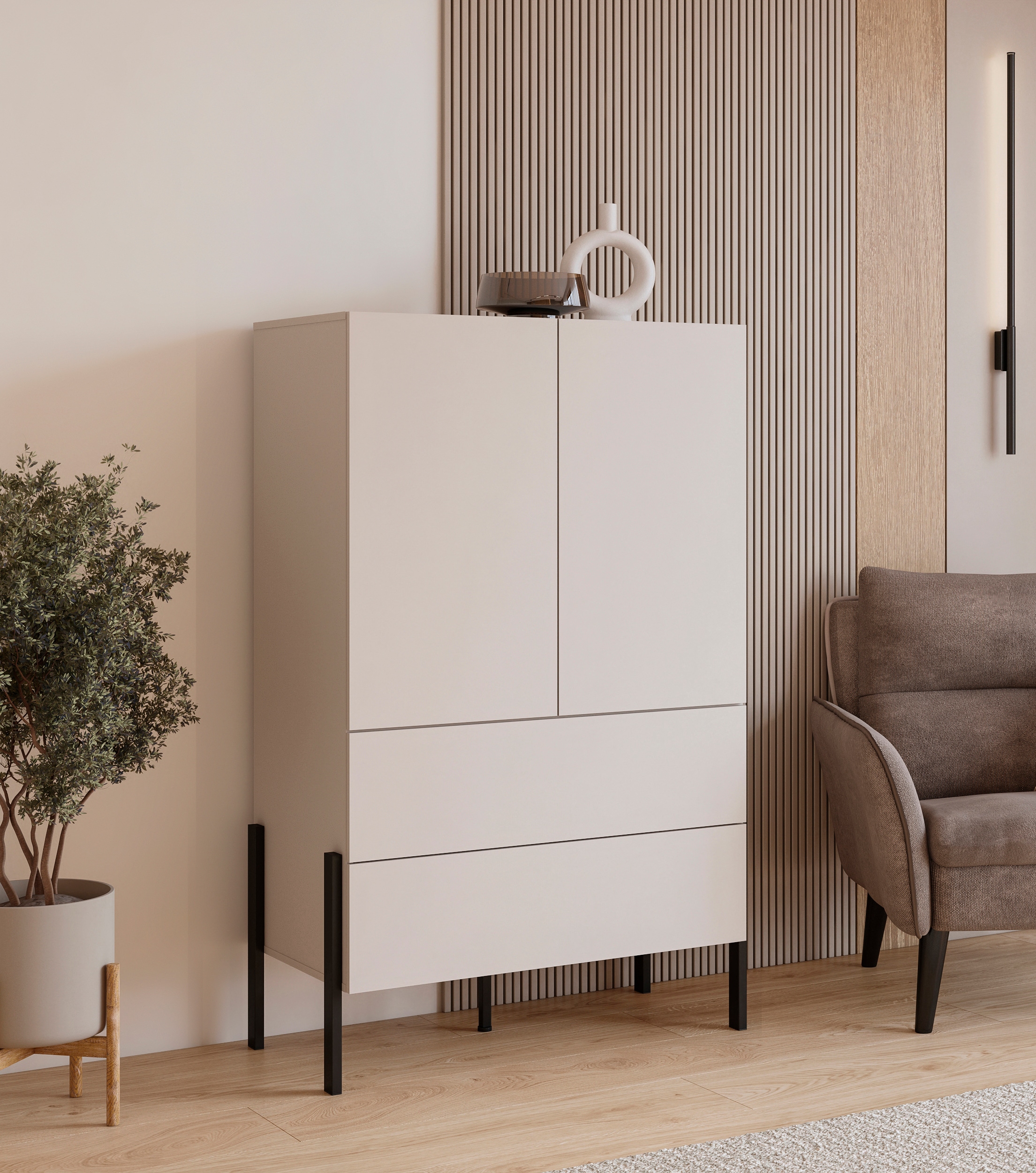 INOSIGN Wäscheschrank »Jukon, moderner griffloser Kleiderschrank, Metallfüsse, Made in Europe«, (90x150x50, ideal für kleine Räume oder Nischen), Mehrzweckschrank,2 Schubladen, 2 Türen, FSC-zertifiziert