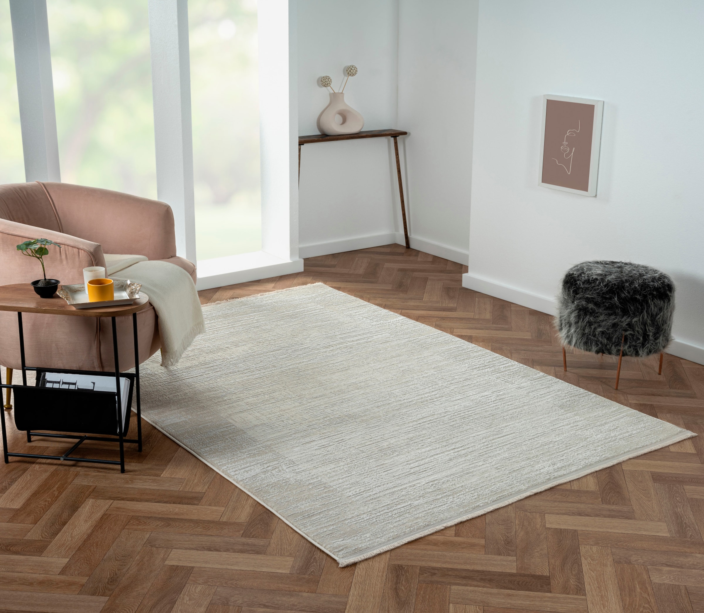 Teppich "My Heaven, LAGERRÄUMUNG", bunt (cream, weiß, hellgrau), B:160cm H:10mm L:230cm, Polyester, MYFLAIR MÖBEL & ACCESSOIRES, Teppiche, Teppich, Kurzflor, Scandi-Look, besonders weich durch Microfaser, mit Fransen