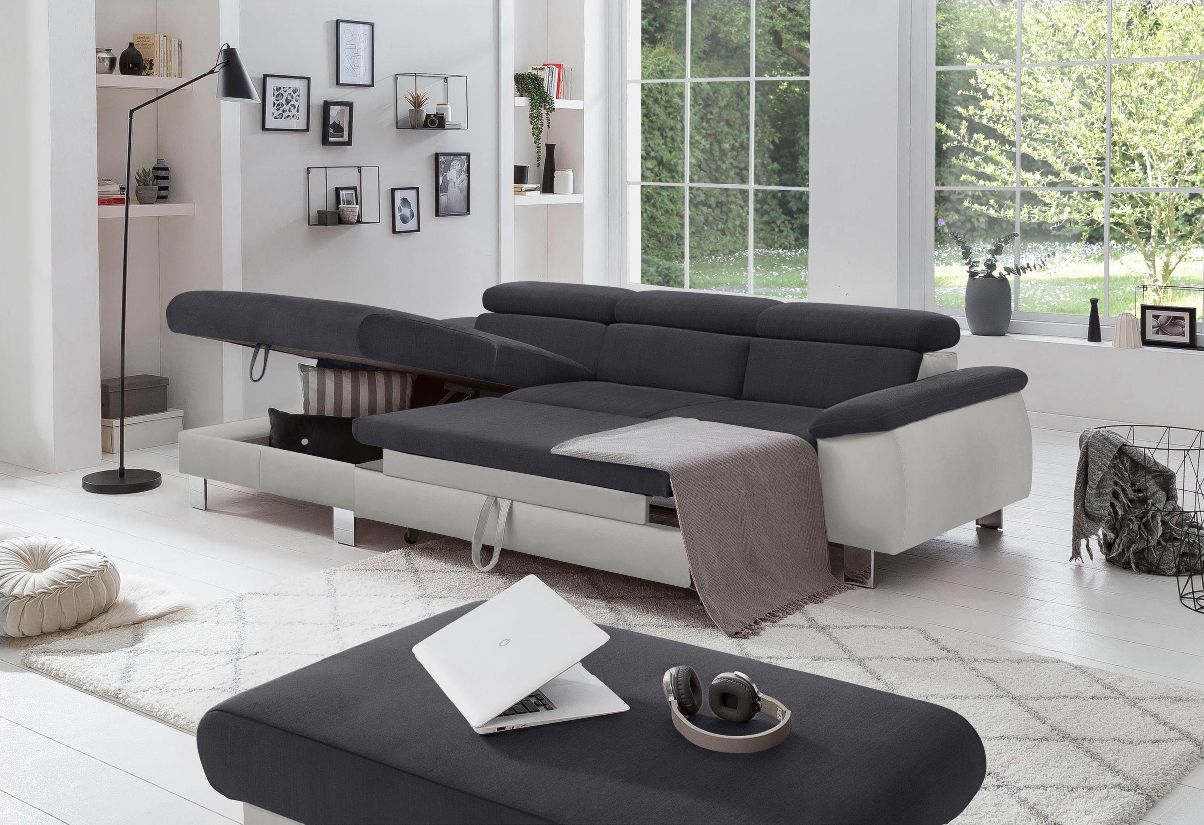 COTTA Polstergarnitur »Komaris L-Form«, (Set), Set bestehend aus: Ecksofa mit Kopfteilverstellung & Hocker
