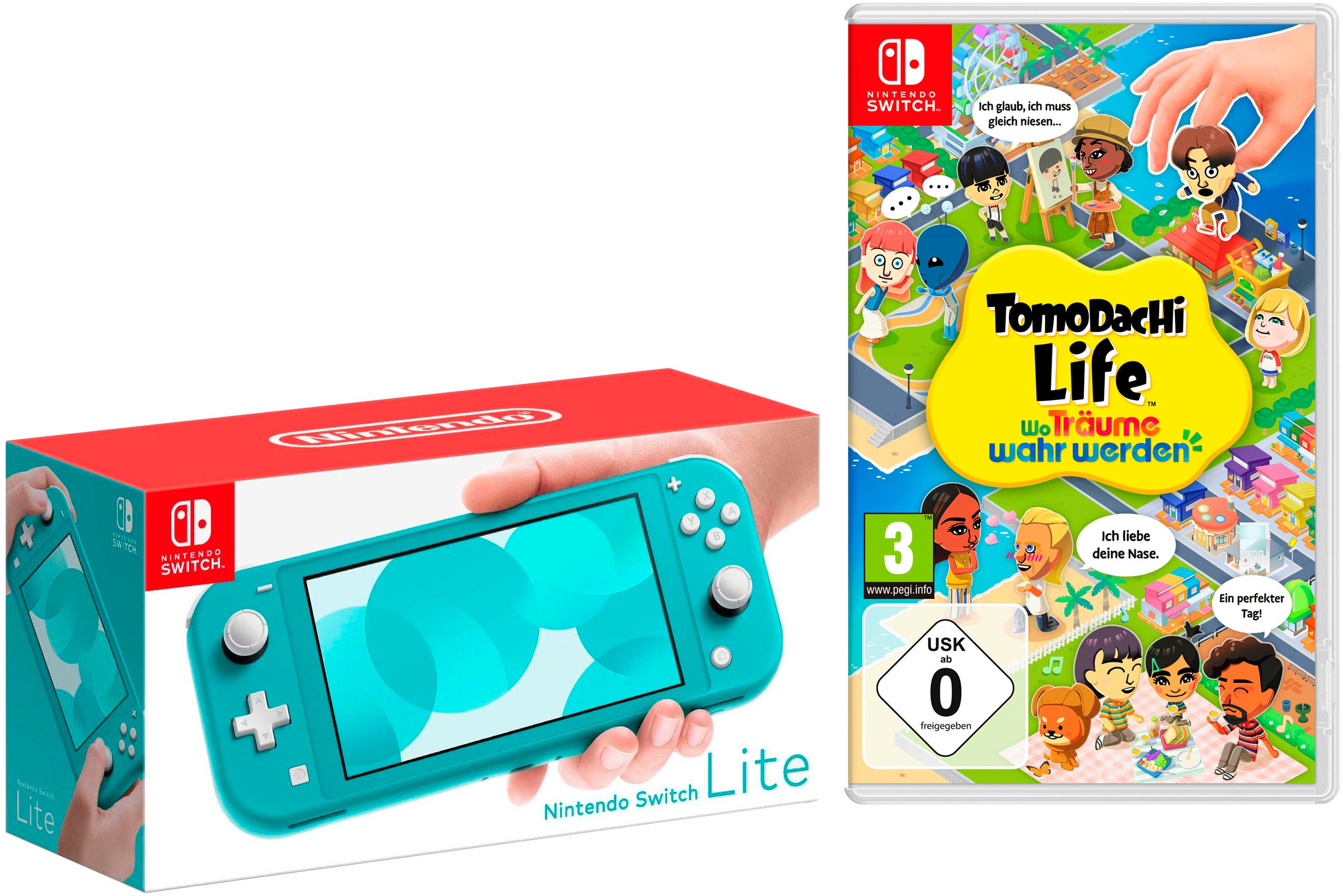 "NINTENDO SWITCH Konsolen-Set ""Lite + Tomodachi Life: Wo Träume wahr werden"", blau (türkis), B:20,8cm H:9,11cm T:2,84cm, Spielekonsolen"