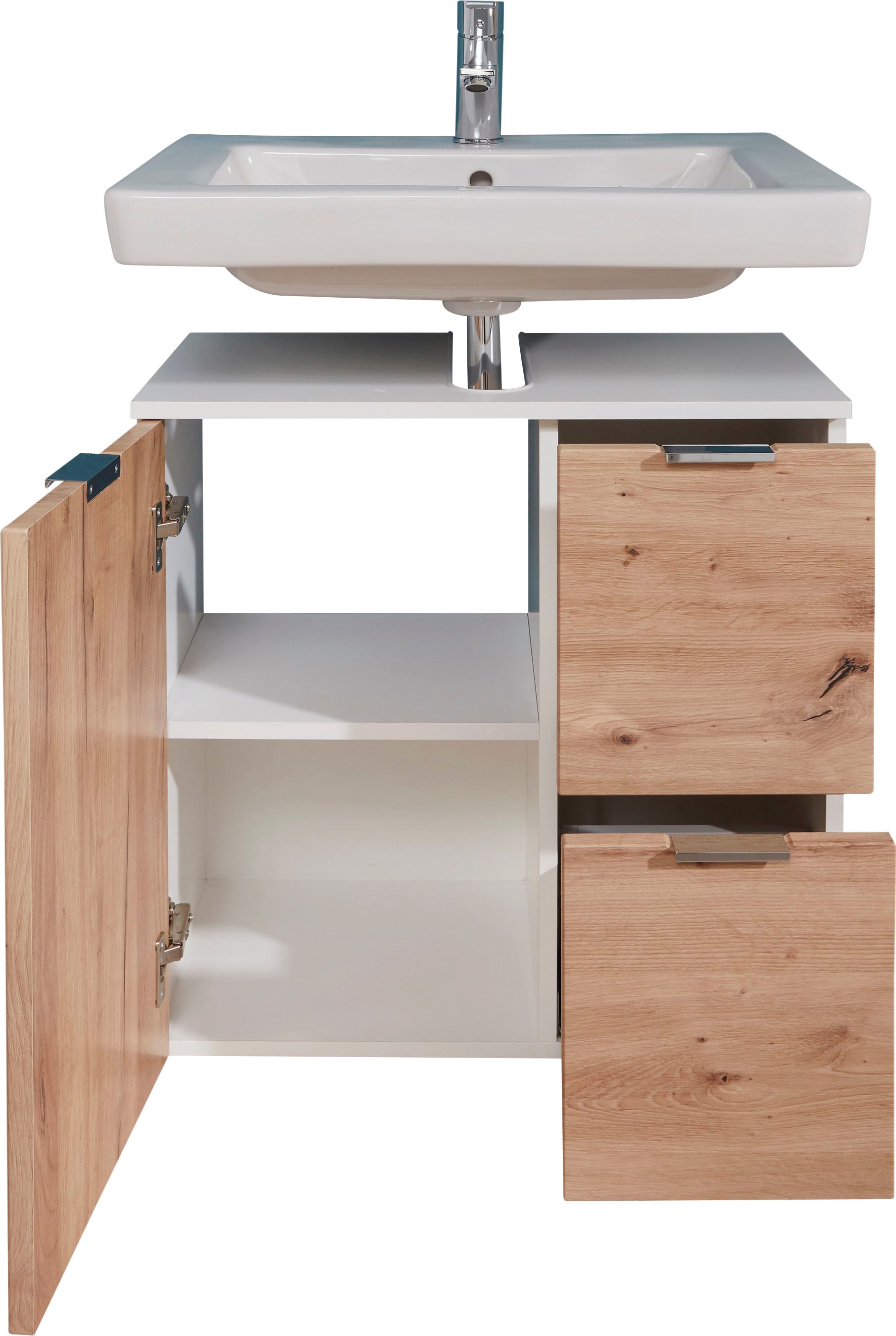 trendteam Waschbeckenunterschrank »Concept One«, Waschtisch mit 2 Fächern und 2 Schubladen in Weiß/Echtholzoptik