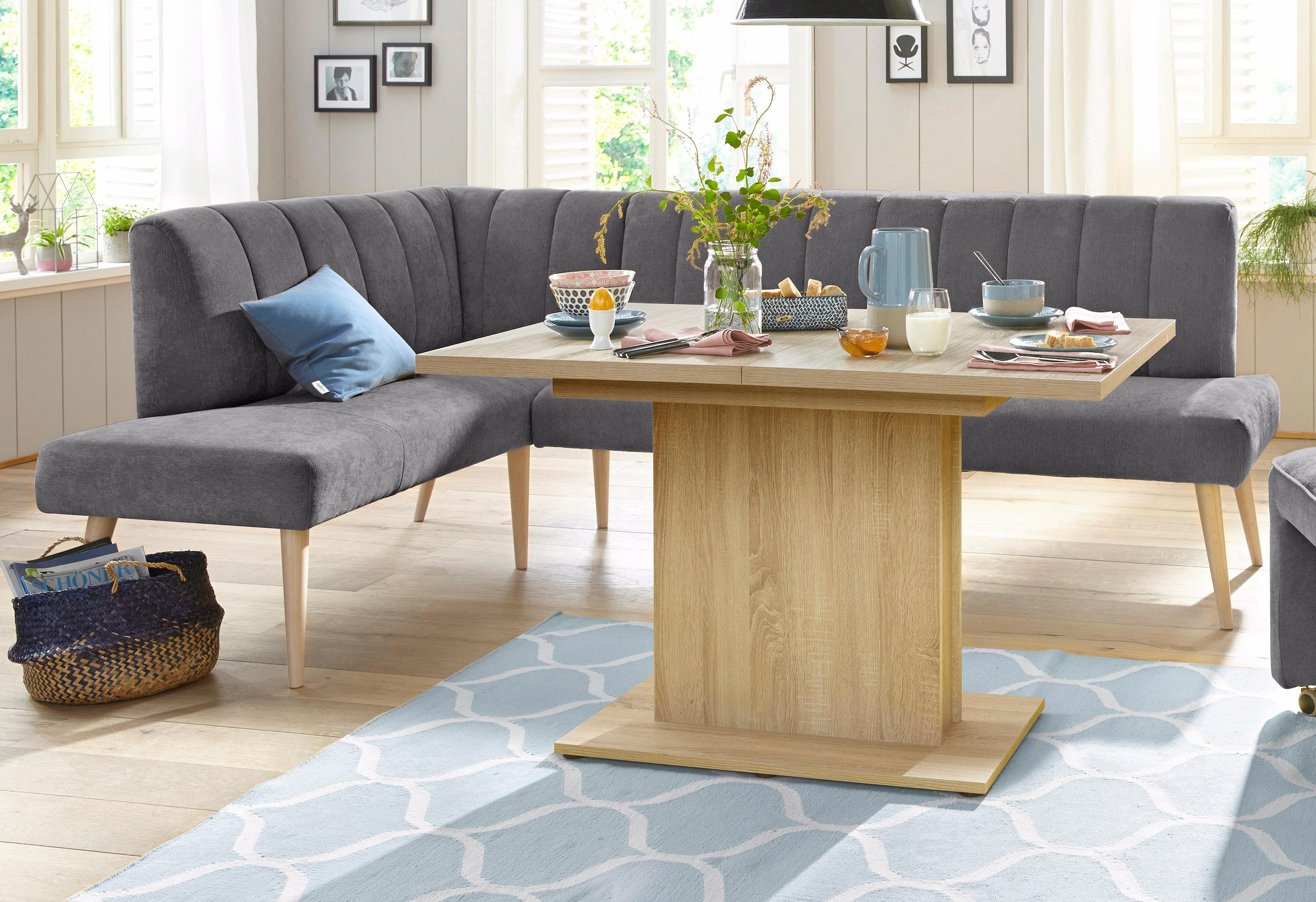exxpo - sofa fashion Eckbank »Costa, moderne Rückensteppung, bequem und elegant, hoher Holzfuß«, hochwertig verarbeitet, Frei im Raum stellbar