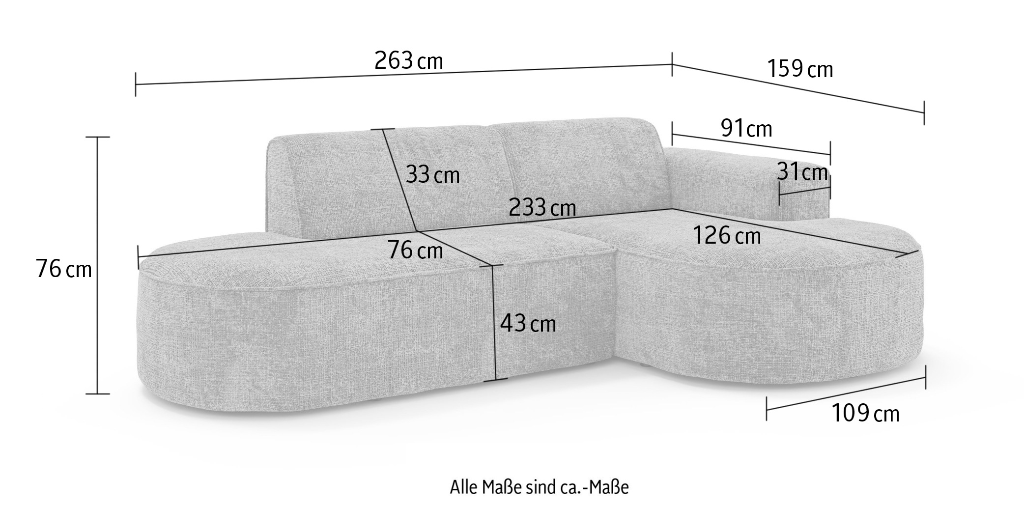 OTTO home Ecksofa »ADELLA XL Design-Sofa mit Recamiere rechts/links, 263/159/76 cm«, L-Form XL mit Wellenunterfederung, runde Form, auch in Cord