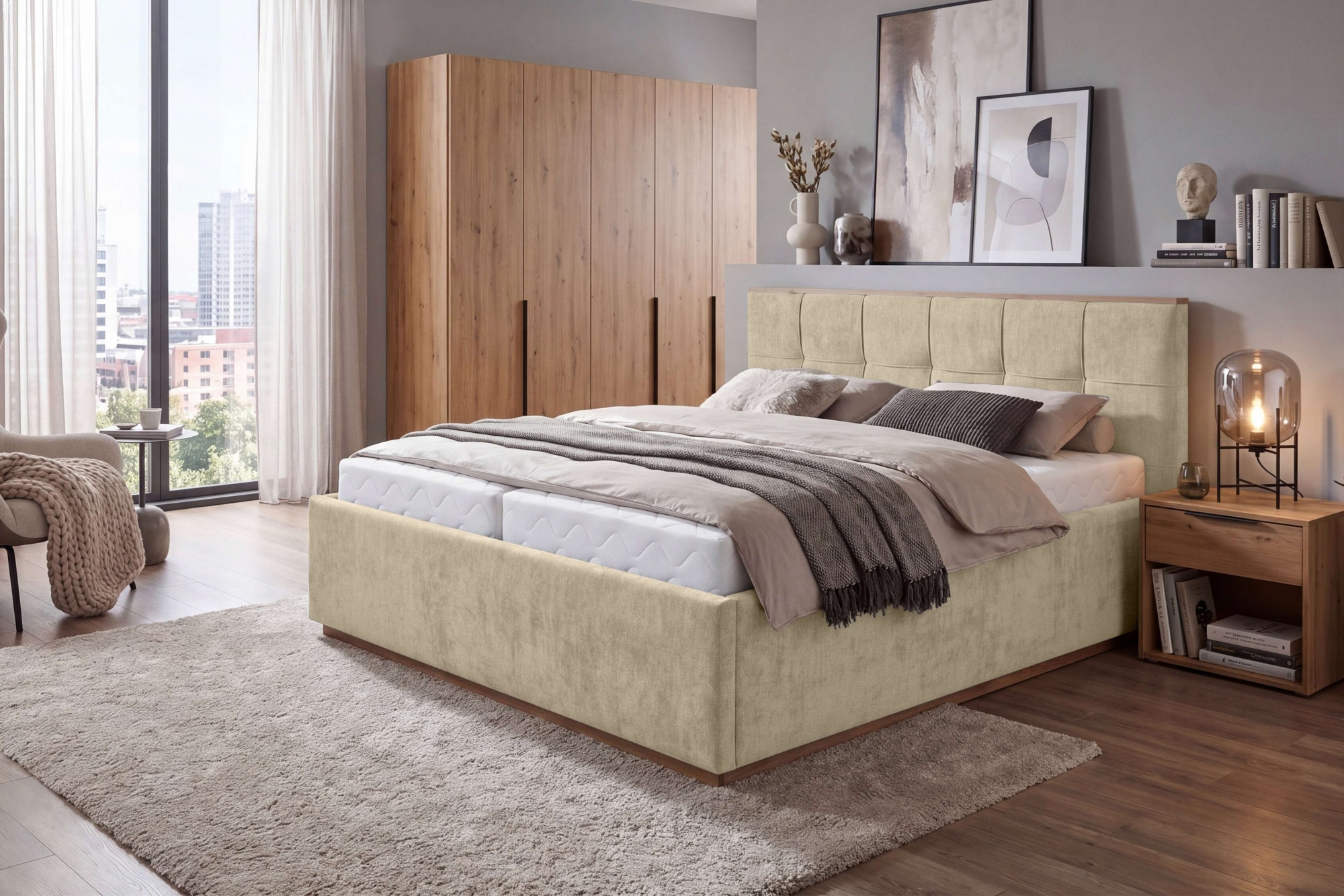 OTTO home Polsterbett "Vyllo, Doppelbett, Federkernbett, Komforbett, 160, 180 cm, Bettkästen" Mit 5-Zonen-TFK-Matratze H3, Lattenrost, Eicheapplikationen