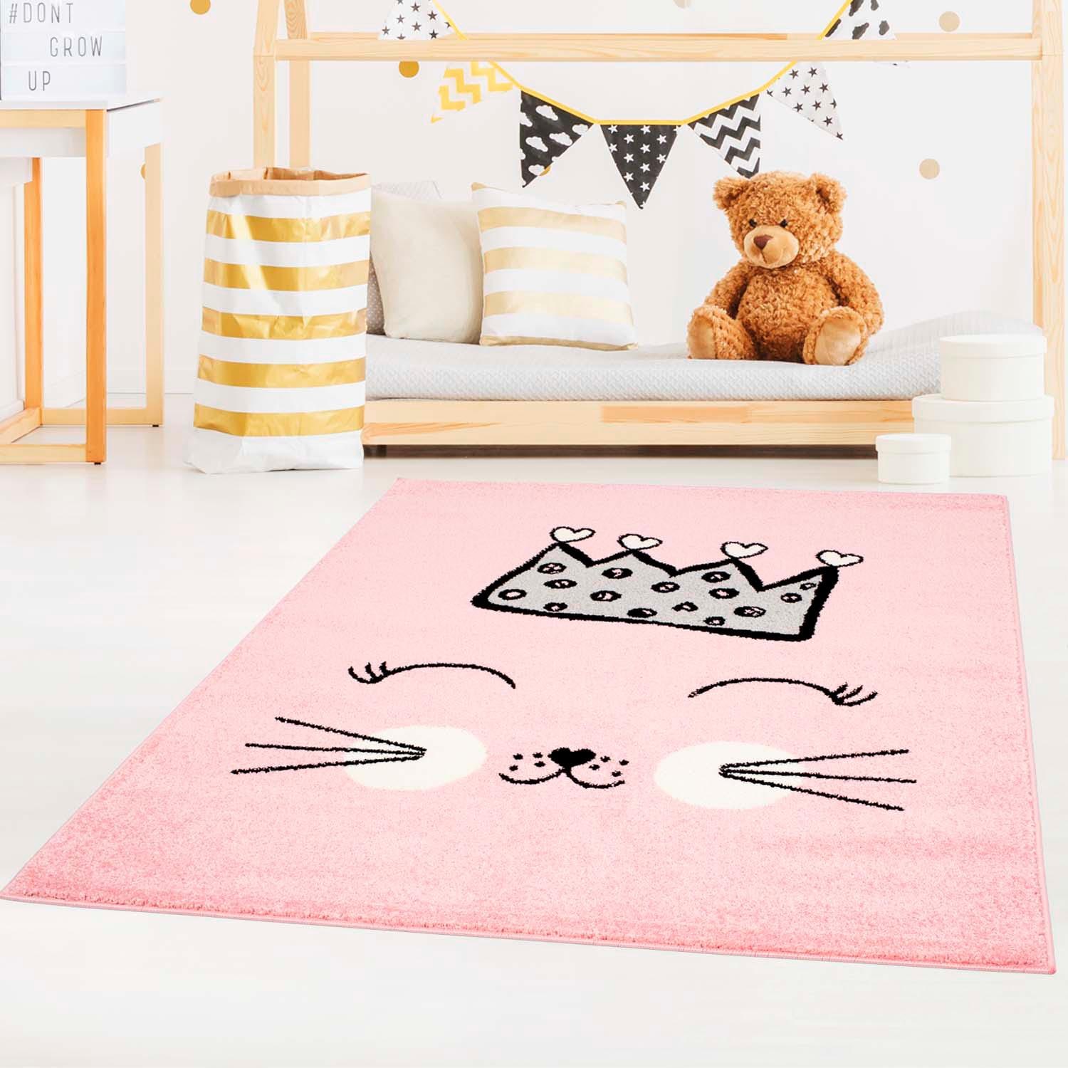 Carpet City Kinderteppich »Bubble Kids 1331«, rechteckig, Spielteppich, Katze, Krone, Weicher Flor, Pflegeleicht, Kinderzimmer