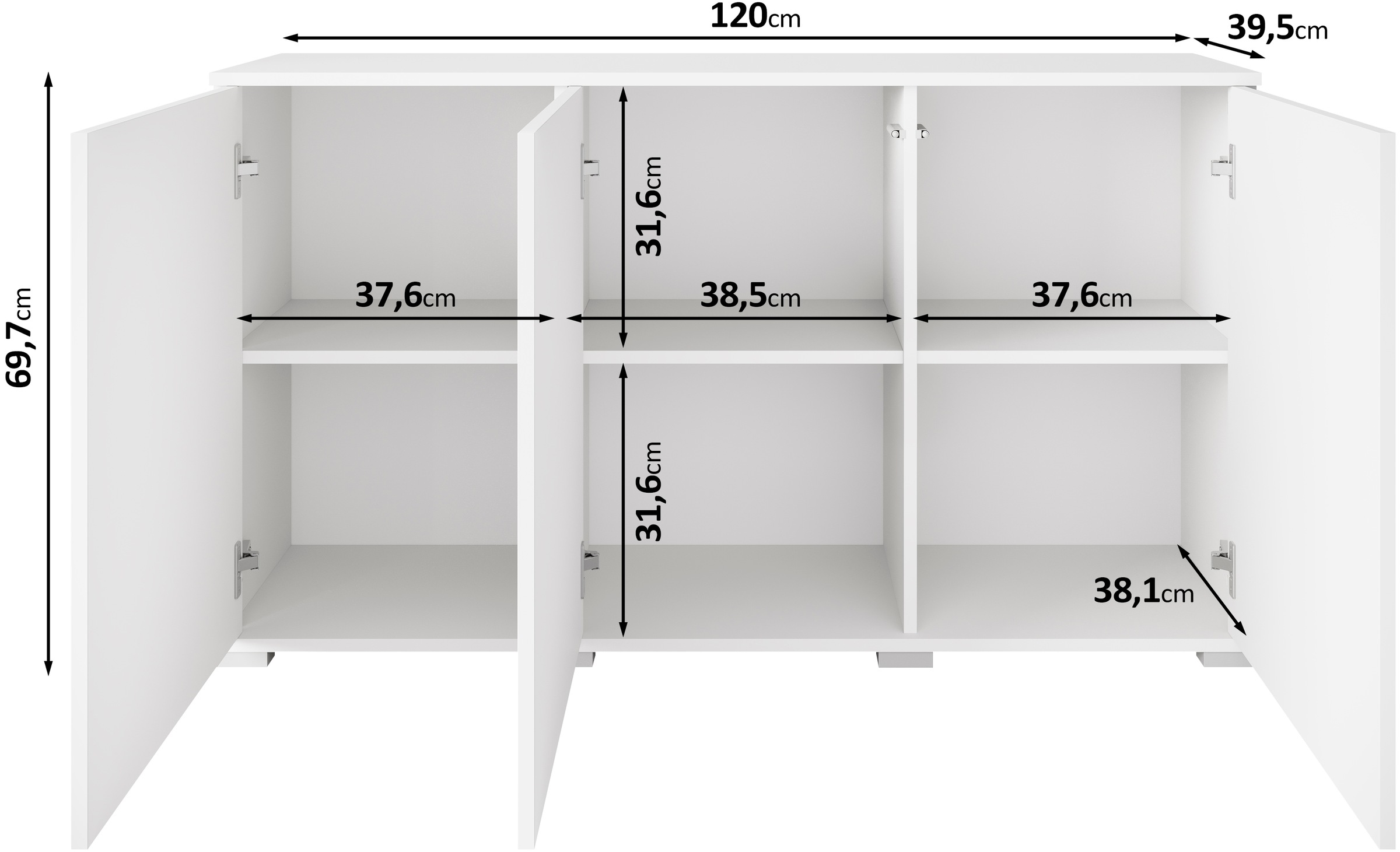 INOSIGN Sideboard »Kenia, moderne grifflose Kommode mit 3 Türen, Breite 120 cm«, (1 St.), Push-to-Open-Fronten, höhenverstellbaren Einlegeböden