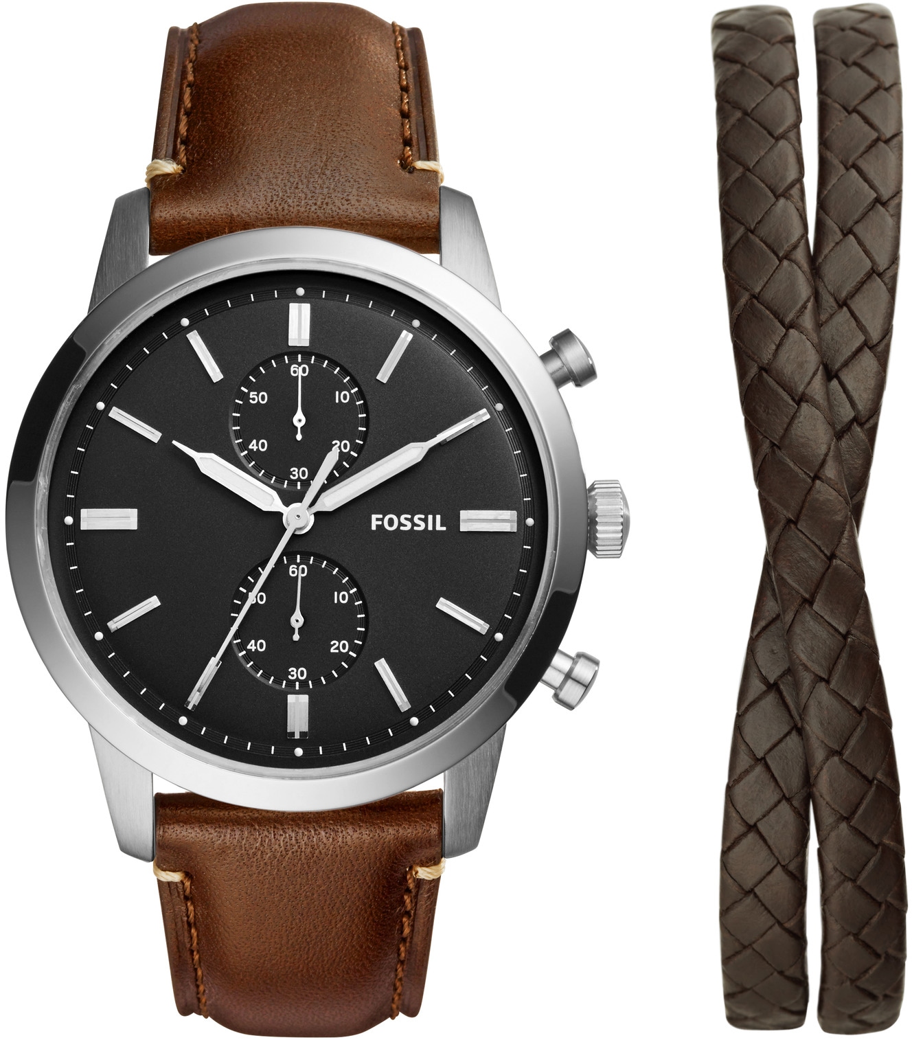 Fossil Chronograph »TOWNSMAN, FS5967SET«, (Set, 2 tlg., mit Schmuckarmband), Quarzuhr, Armbanduhr, Herrenuhr, Stoppfunktion, Geschenkidee