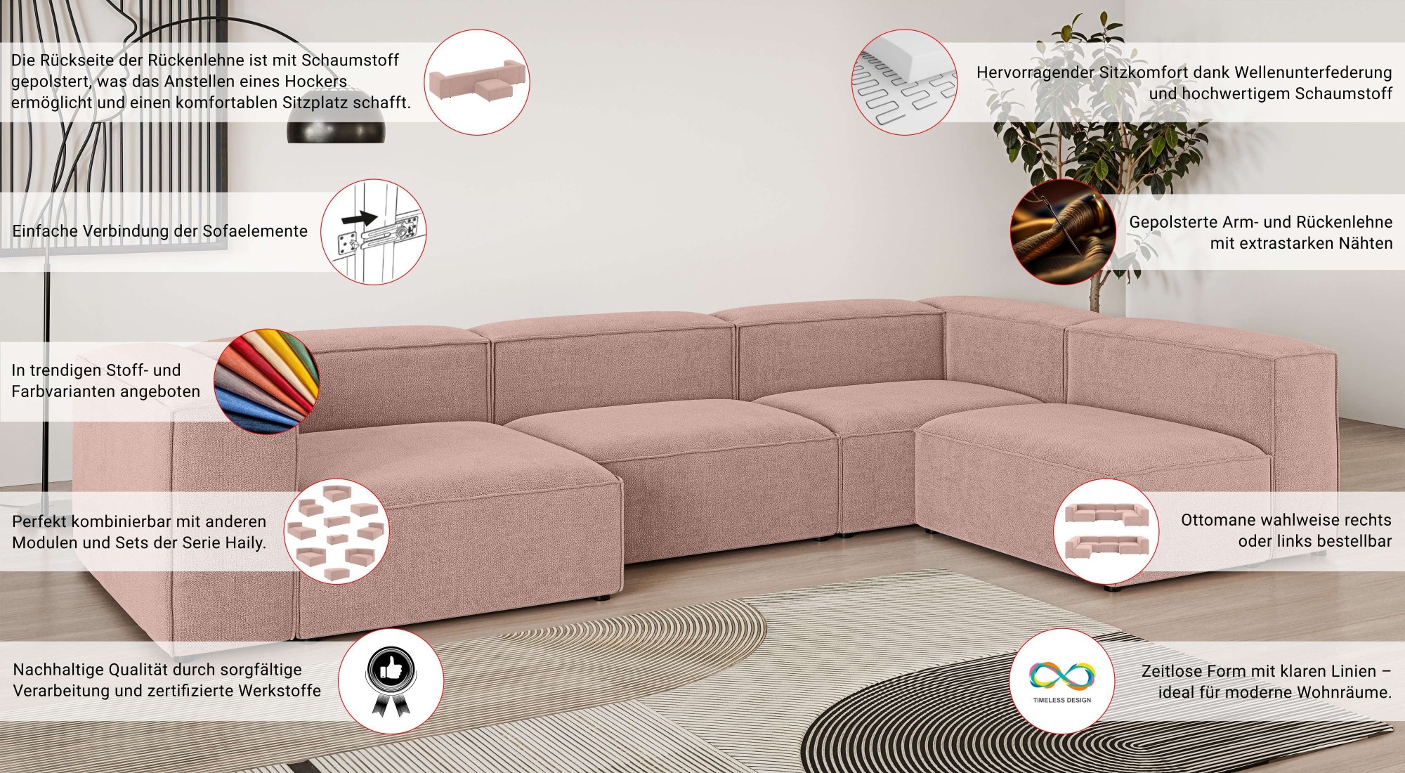 Thumbnail - INOSIGN Wohnlandschaft "HAILY U-Form mit Ottomane links/rechts, Maße B/T/H: 360/200/72 cm", als Modul oder separat verwe...