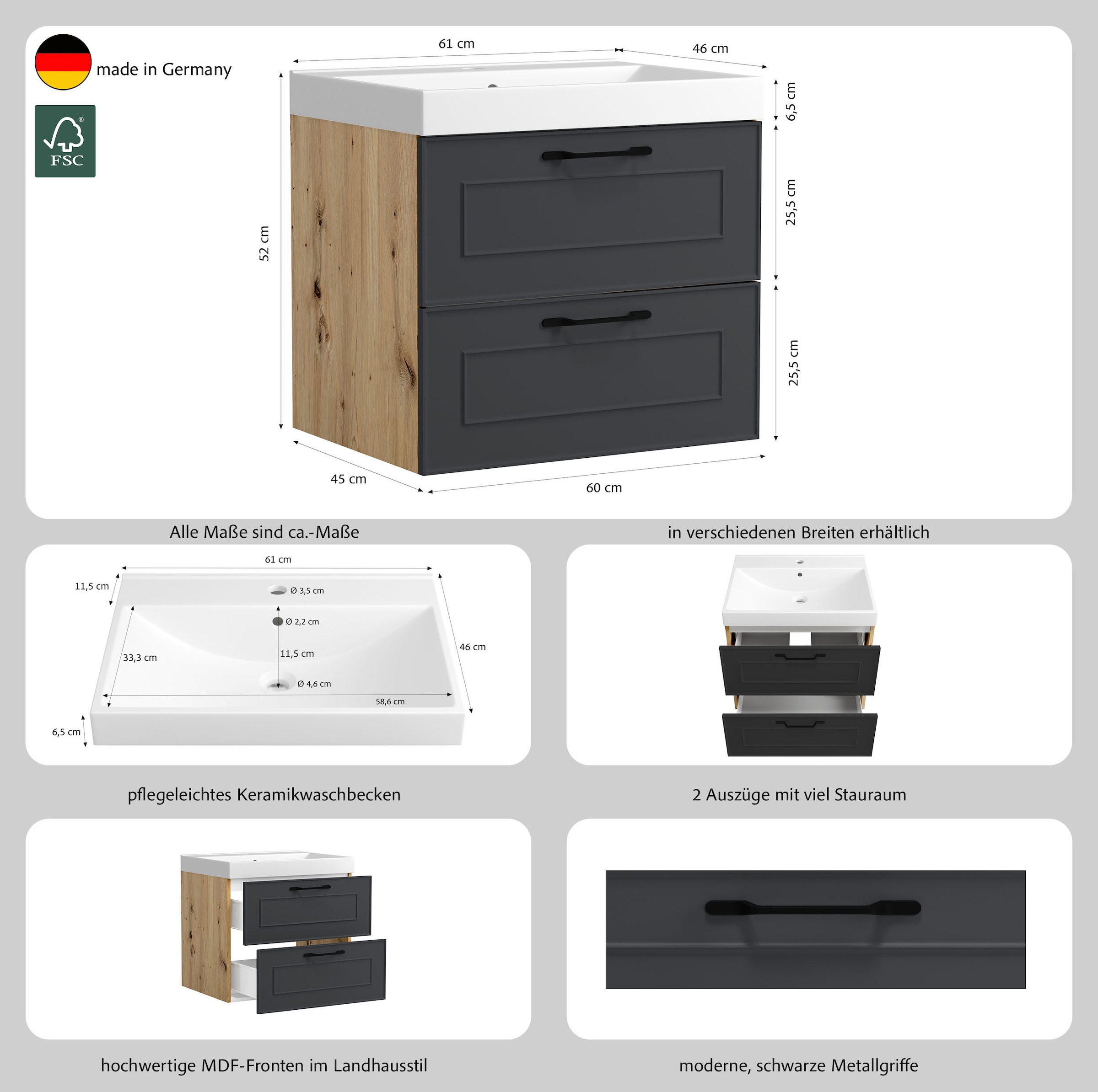 welltime Waschtisch »CADIZ, Waschtisch« matt grau, Landhaus-Optik, schwarze Aktzente