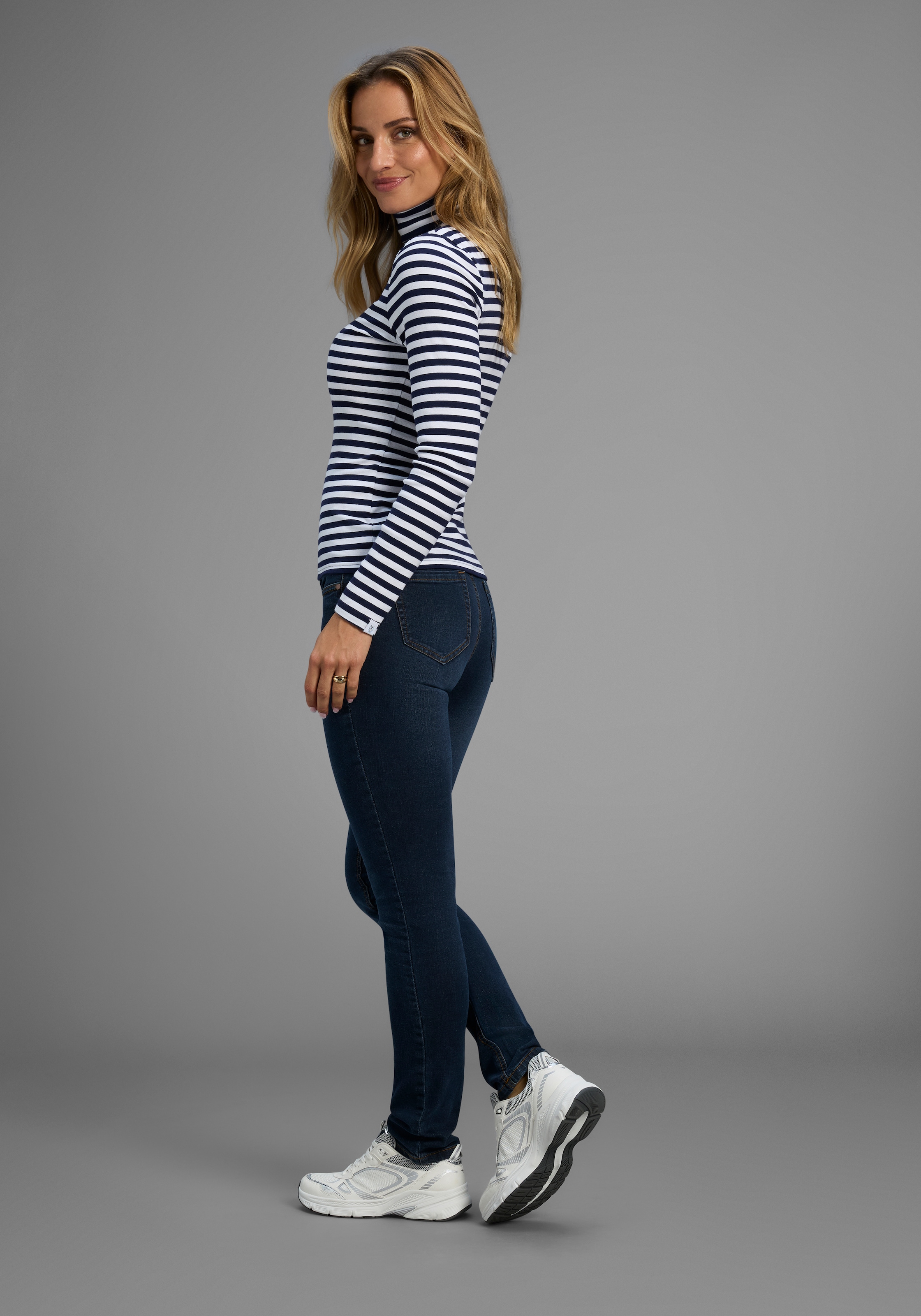 Arizona Slim-fit-Jeans »Bund mit seitlichem Gummizugeinsatz«, schmale Passform, Röhrenjeans, Used-Waschung, hohe Leibhöhe