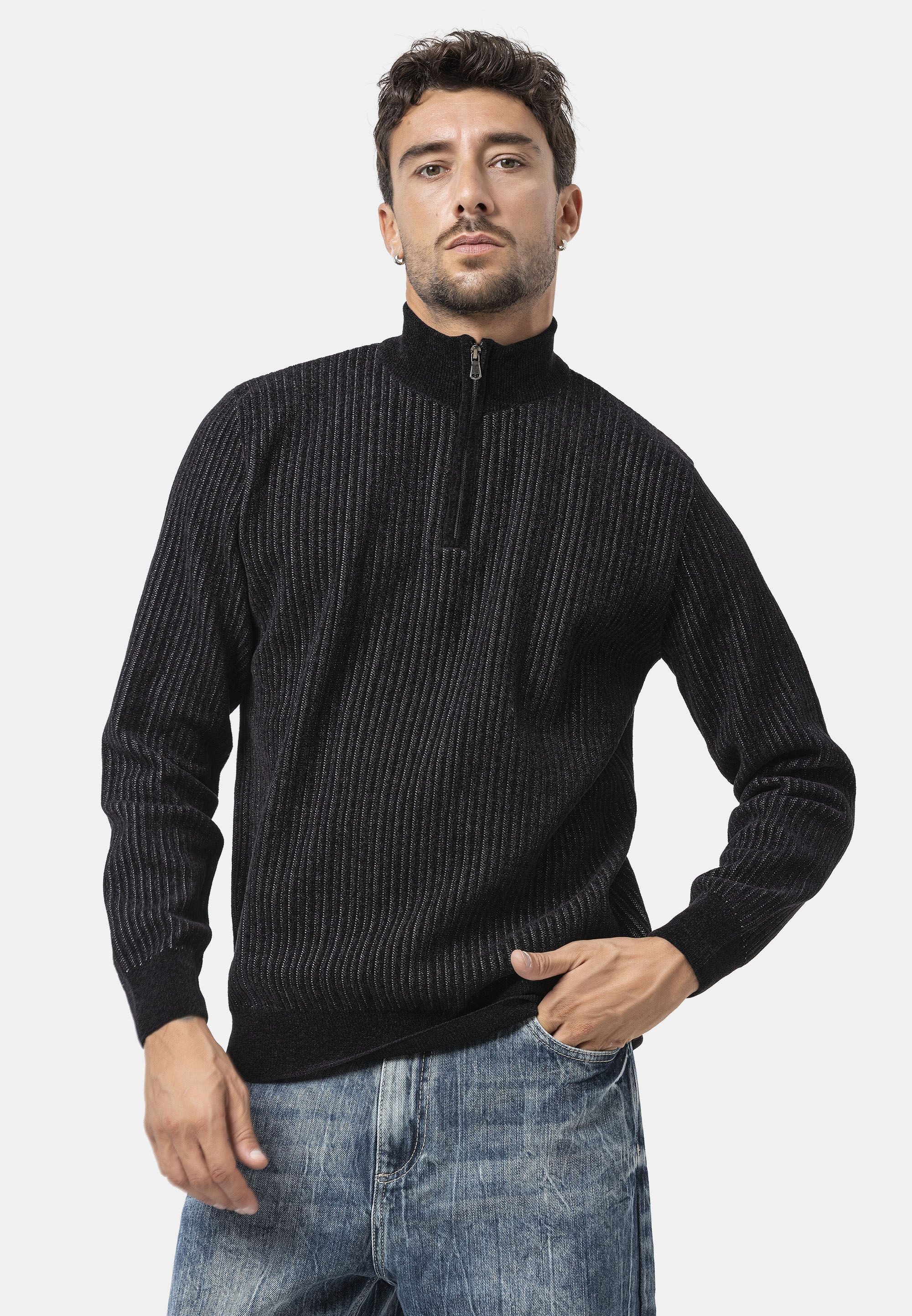 Cipo & Baxx Strickpullover "CP286" 1 Stk. vertikales Rippstrickmuster günstig online kaufen