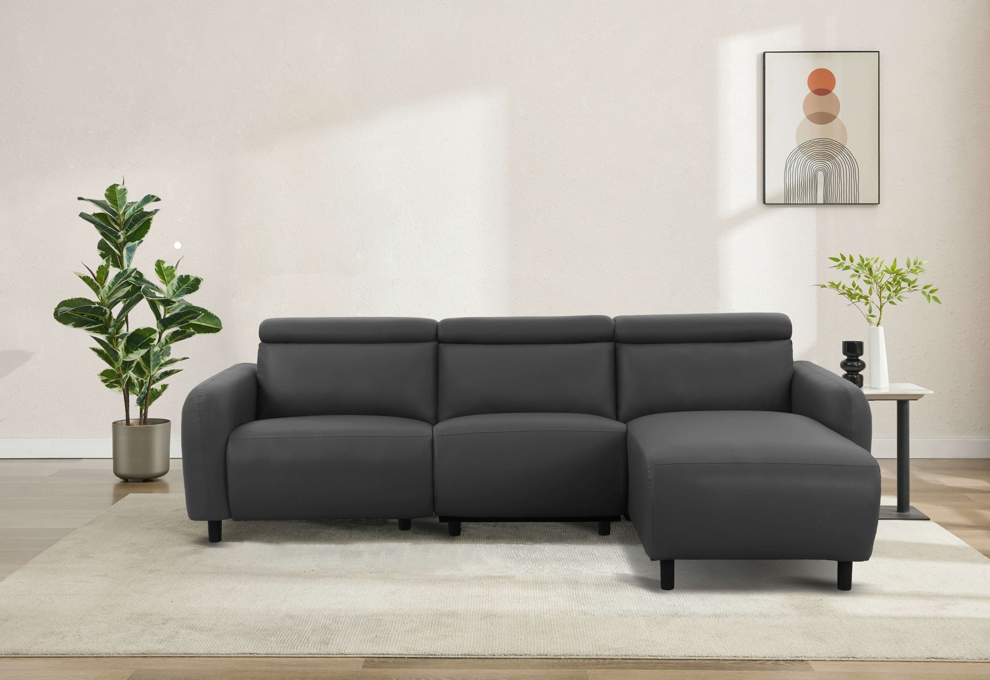 OTTO home Ecksofa "SKAANE Lederoptik, L-Form, 274 cm, manuelle/elektrische Relaxfunktion," rundes Design, Kopfteilverstellung, Federkernpolsterung