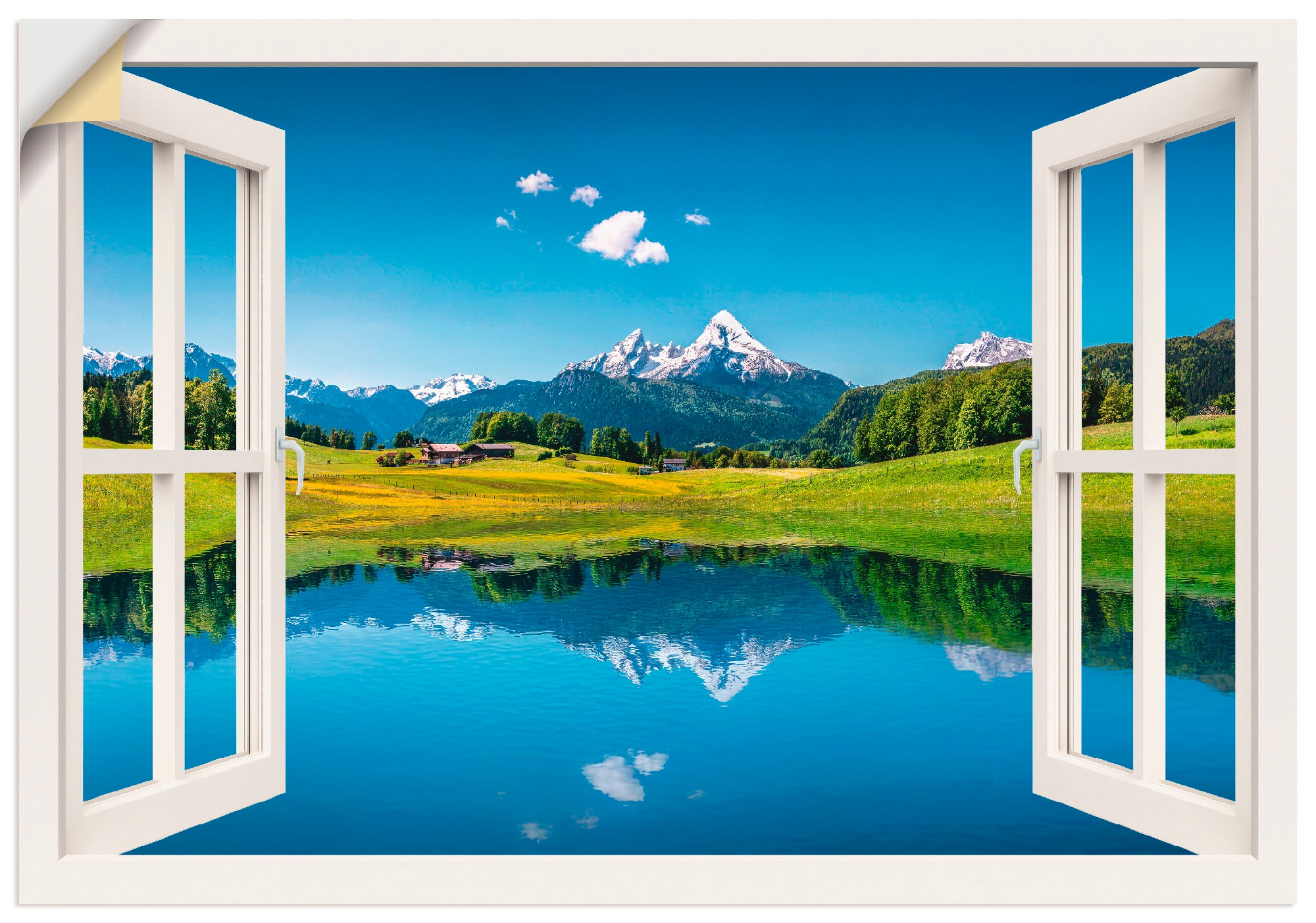 Artland Wandbild "Fensterblick Alpen und Bergsee", Berge, (1 St.), als Leinwandbild, Poster, Wandaufkleber in verschied.