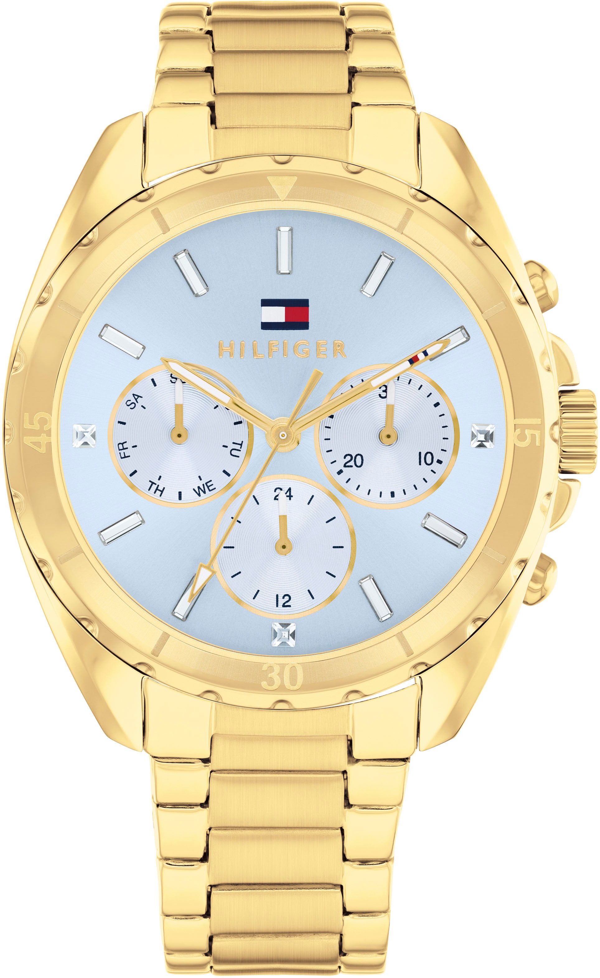 TOMMY HILFIGER Damen Multifunktionsuhr "MELLIE", gold, Armbanduhren, Quarzuhr, Armbanduhr, Damenuhr, Edelstahlarmband, analog, Glassteine