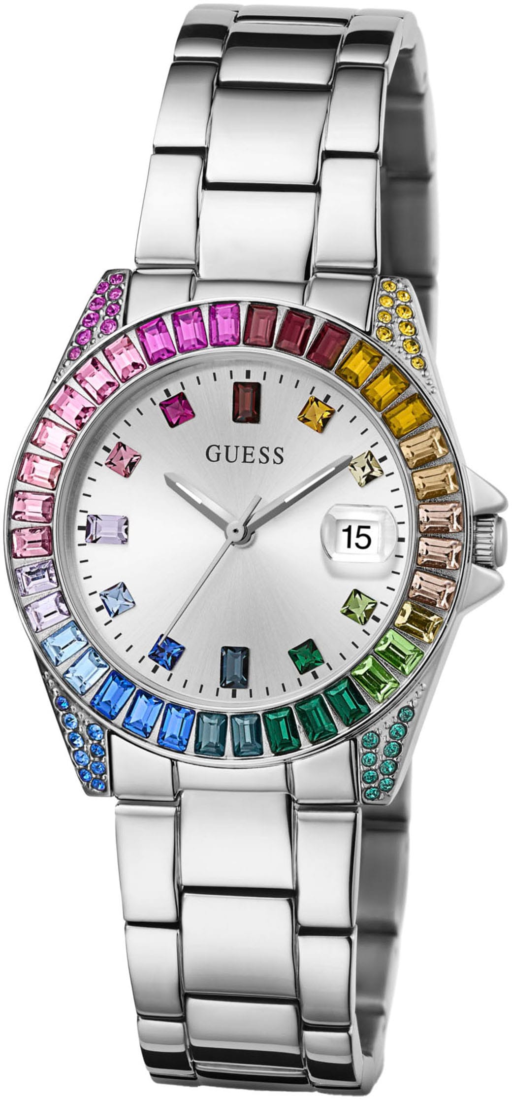 Guess Quarzuhr »OPALINE«, Armbanduhr, Damenuhr, Datum, Kristallsteine, Mineralglas, analog