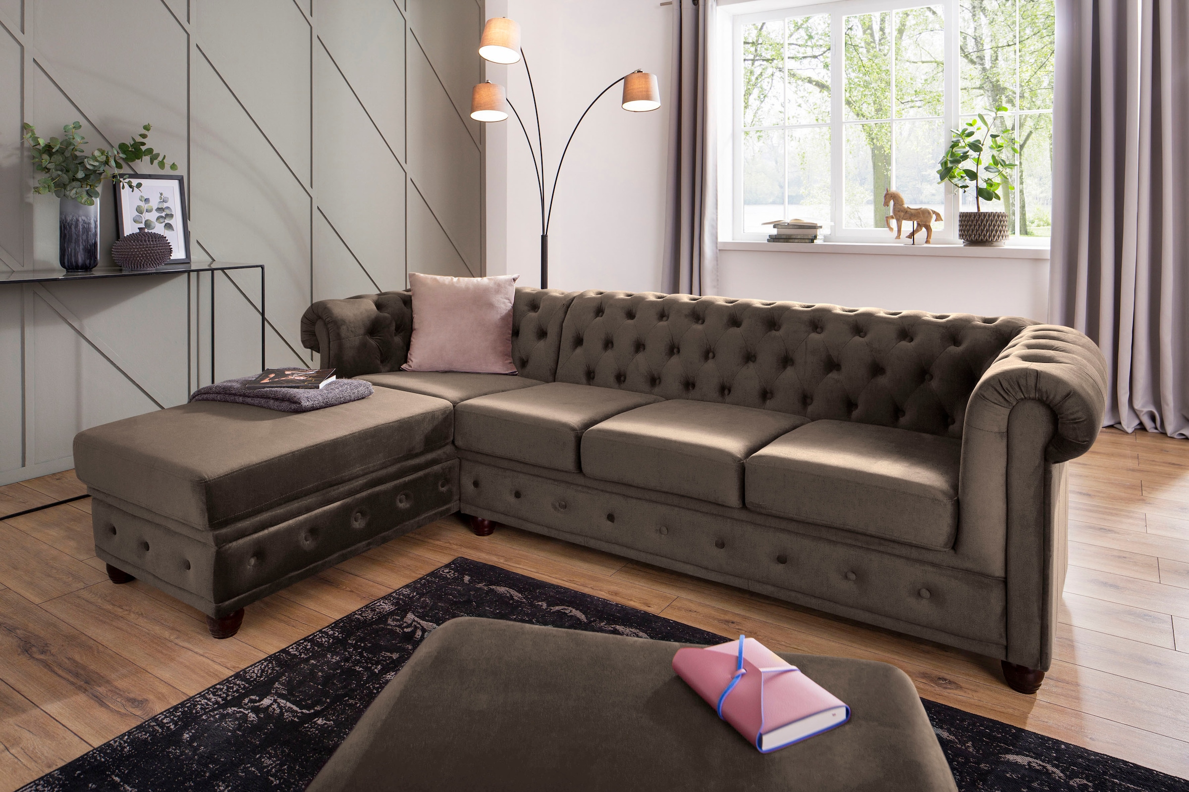 Home affaire Chesterfield-Sofa »New Castle L-Form«, hochwertige Knopfheftung in Chesterfield-Design, B/T/H: 255(171/72)