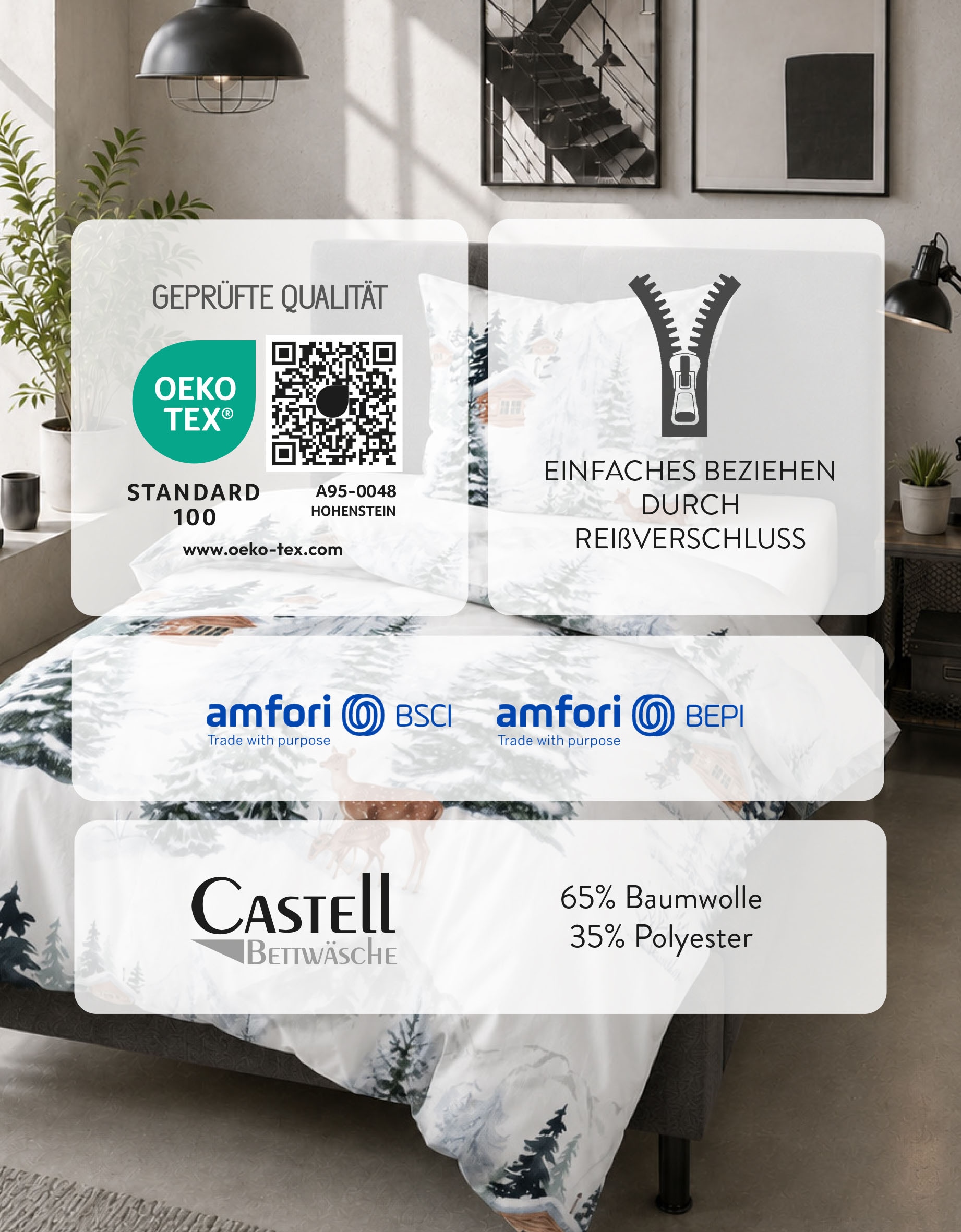 Castell - Markenbettwäsche Bettwäsche »0350367 Polycotton-Biber Bettwäsche 65% Baumwolle, 25% Polyester« 2 wärmend weich, Reißverschluss, Winterbettwäsche, Grafik-Print