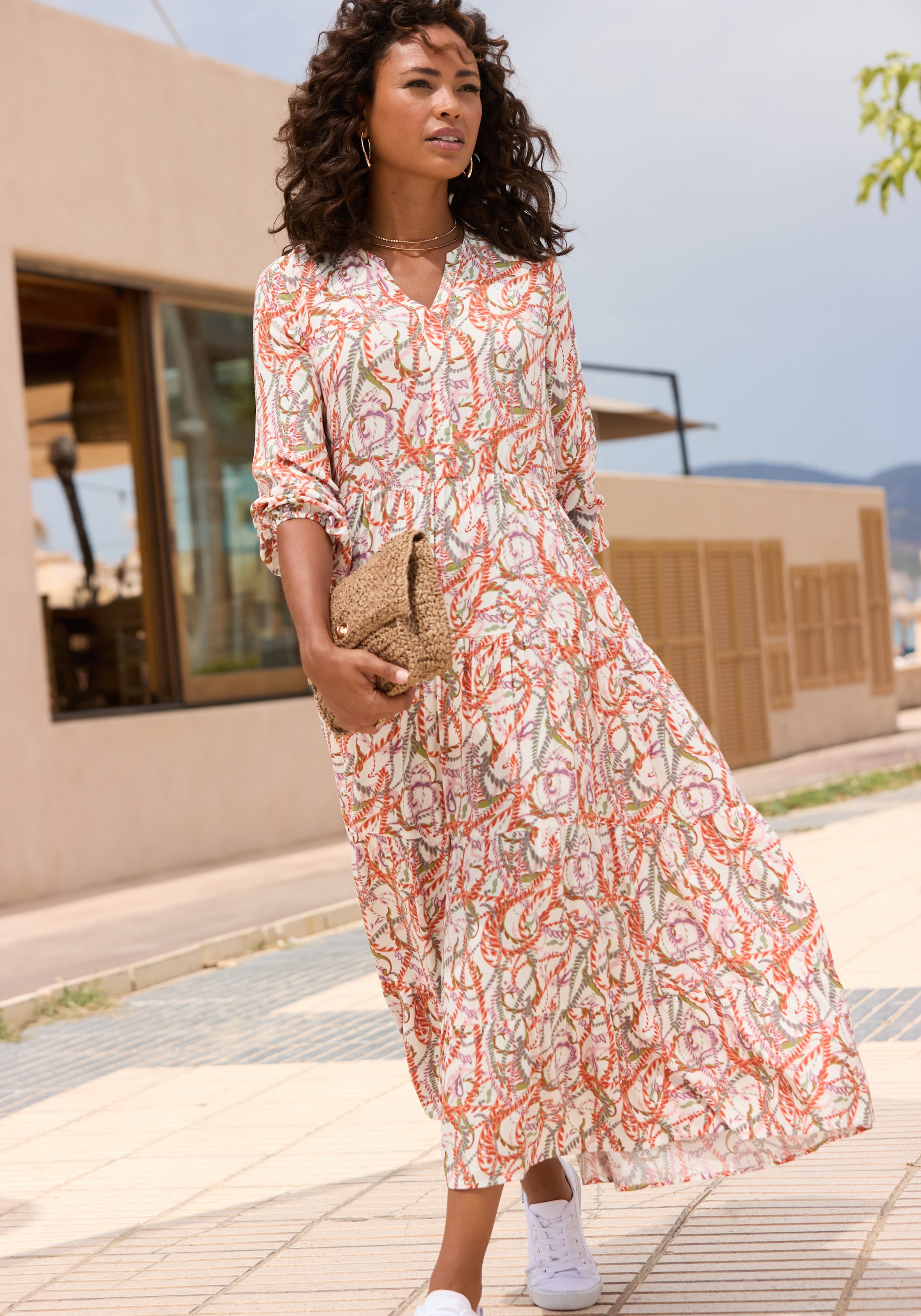LASCANA Maxikleid, mit Alloverprint und Volants, langärmlig, Druckkleid, casual-chic