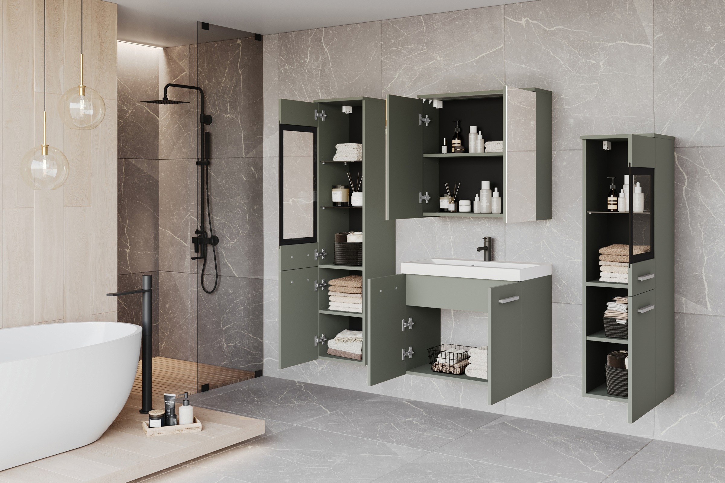 Thumbnail - welltime Badmöbel-Set "MADRIT II, Schrank mit Waschbecken, 2 Hänger, Spiegelschrank" Komplett-Set, 5 Stk. tlg.