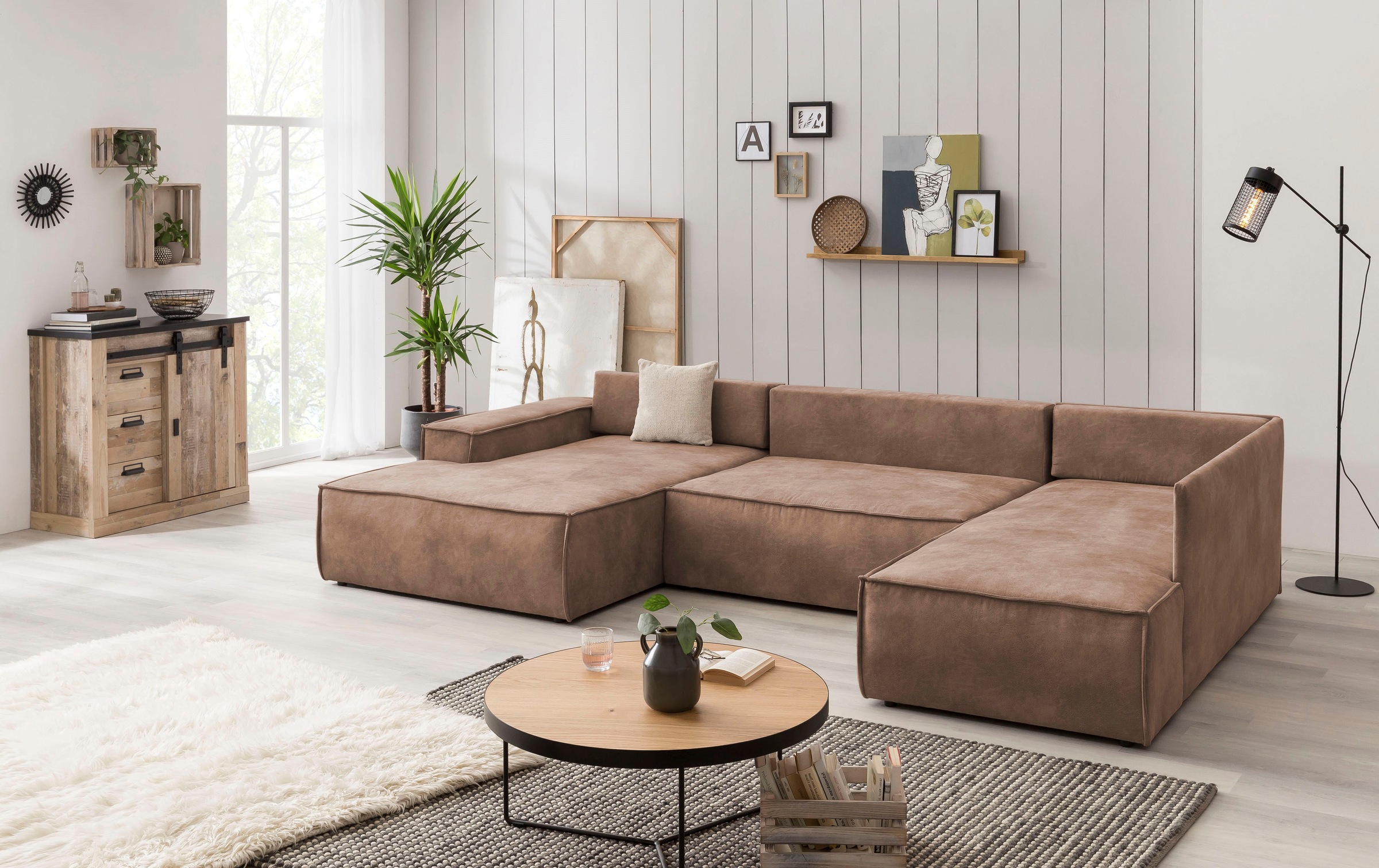 Home affaire Wohnlandschaft »SHERWOOD 329 cm, U-Form, Schlafsofa,«, Schlaffunktion m. Bettkasten (194x139 cm), Cord, Vintage, Samtvelours