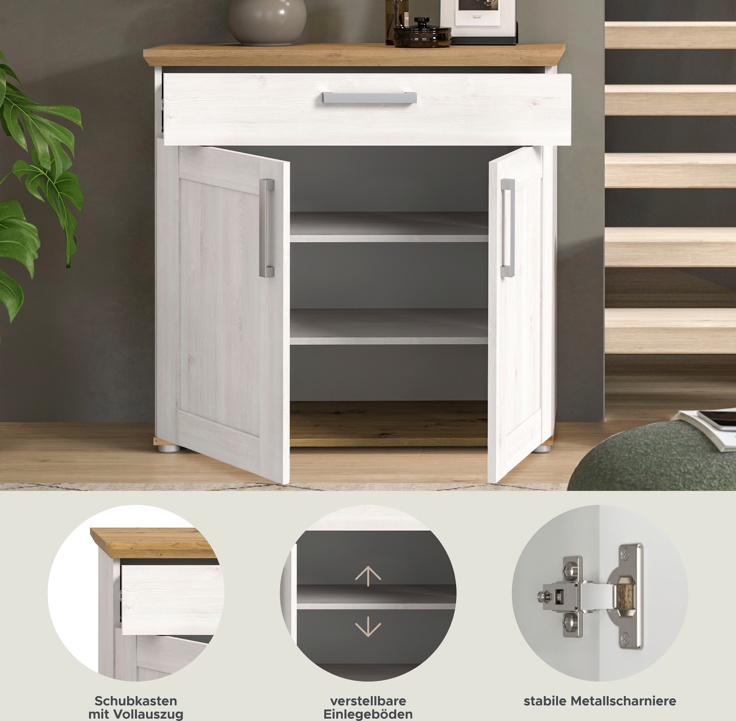 Home affaire Schuhschrank »COSENZA, TOPSELLER!, Breite 95 cm, 2 Türen, 2 Böden, 1 Schubkasten«, in Landhausoptik, Kommode, Anrichte, Schrank, Sideboard
