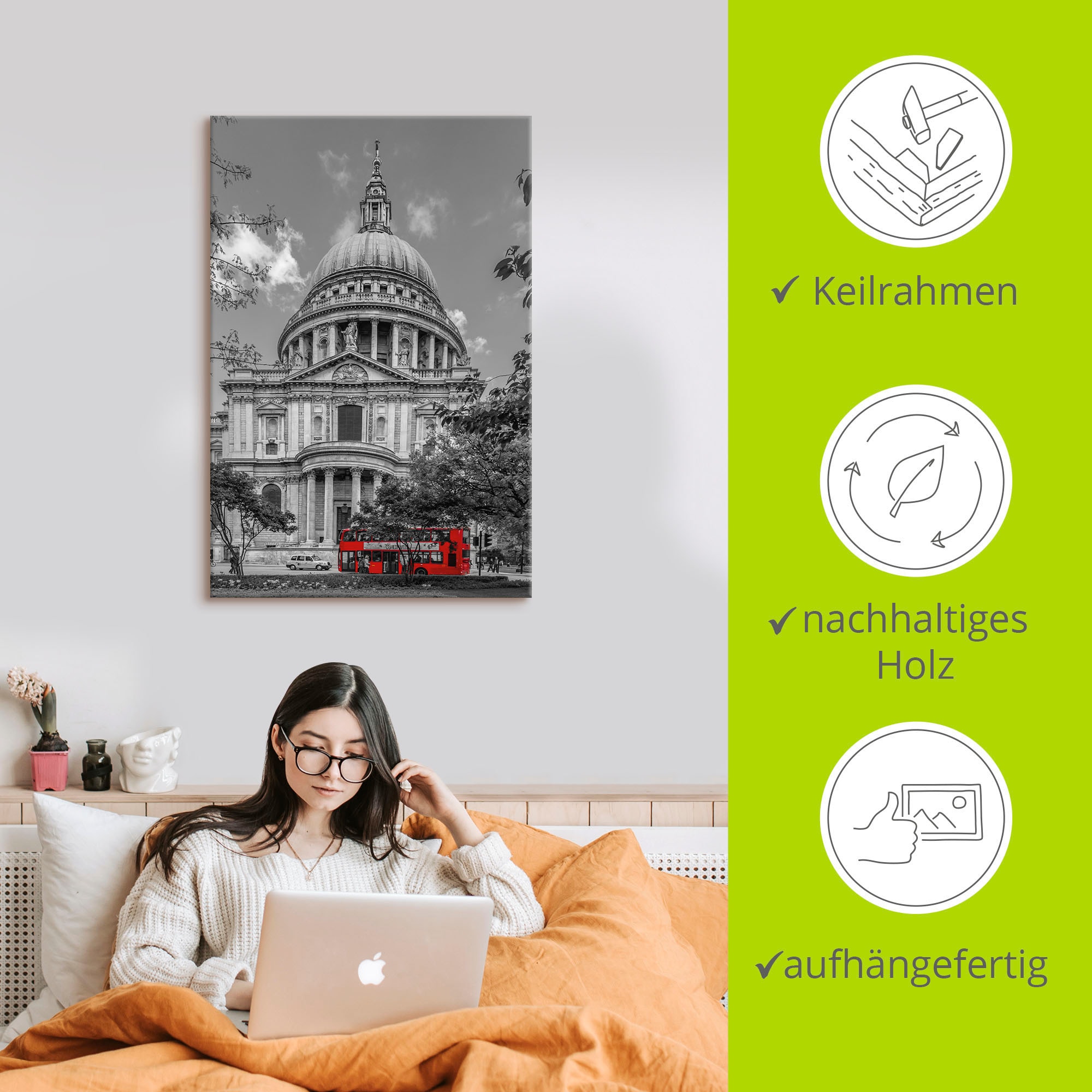 Artland Leinwandbild »London St. Paul’s Cathedral & Roter Bus«, London, (1 St.), auf Keilrahmen gespannt