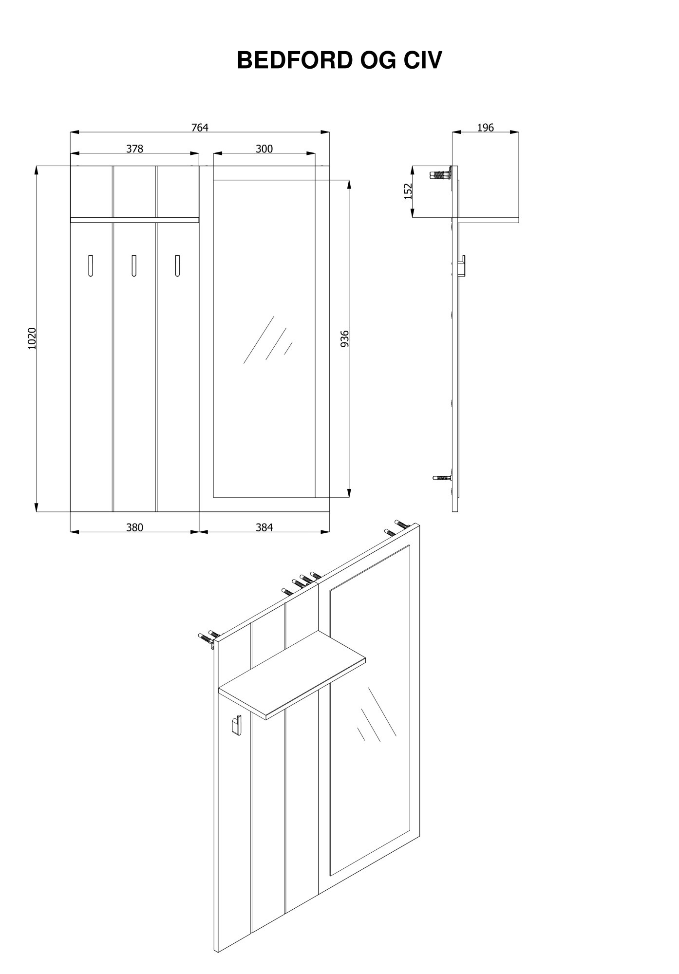 Home affaire Garderobenpaneel »Bedford, Wandregal Wandpaneel, Wandgarderobe praktisch & stillvoll« mit 3 Kleiderhaken, Spiegel und Ablage für Accessoires, Breite 76,5 cm