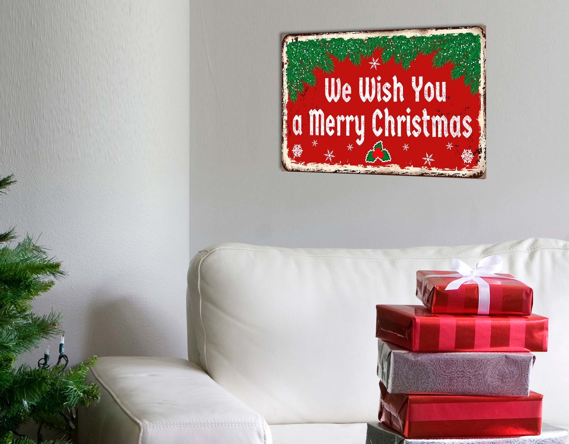queence Metallbild "We Wish You a Merry Christmas" Schneeflocken Schriftzug Schriftzüge Sprüche Sprüche & Texte Weihnachten 1 Stk. tlg. Stahlschilder