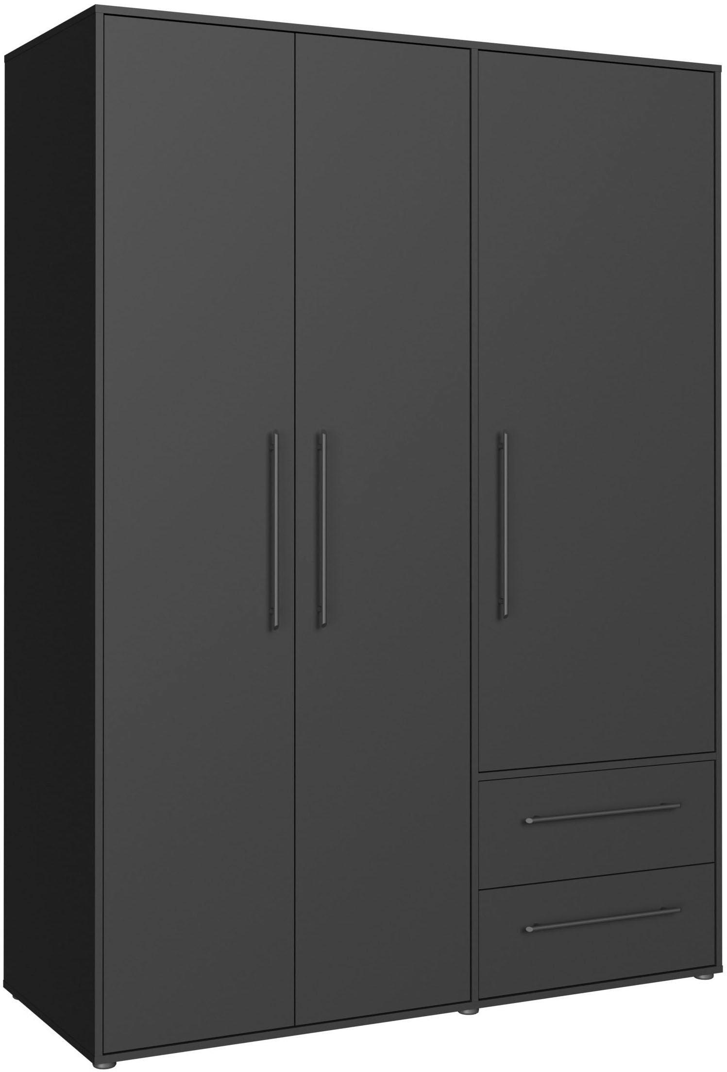 FORTE Kleiderschrank "Mokkaris, Garderobe, zeitloses Design, 3 Türen, Made in Europe" B/H/T ca. 144x200x59cm, Zwei Schubladen, schwarze Stangengriffe, Stauraum, auch in Schwarz