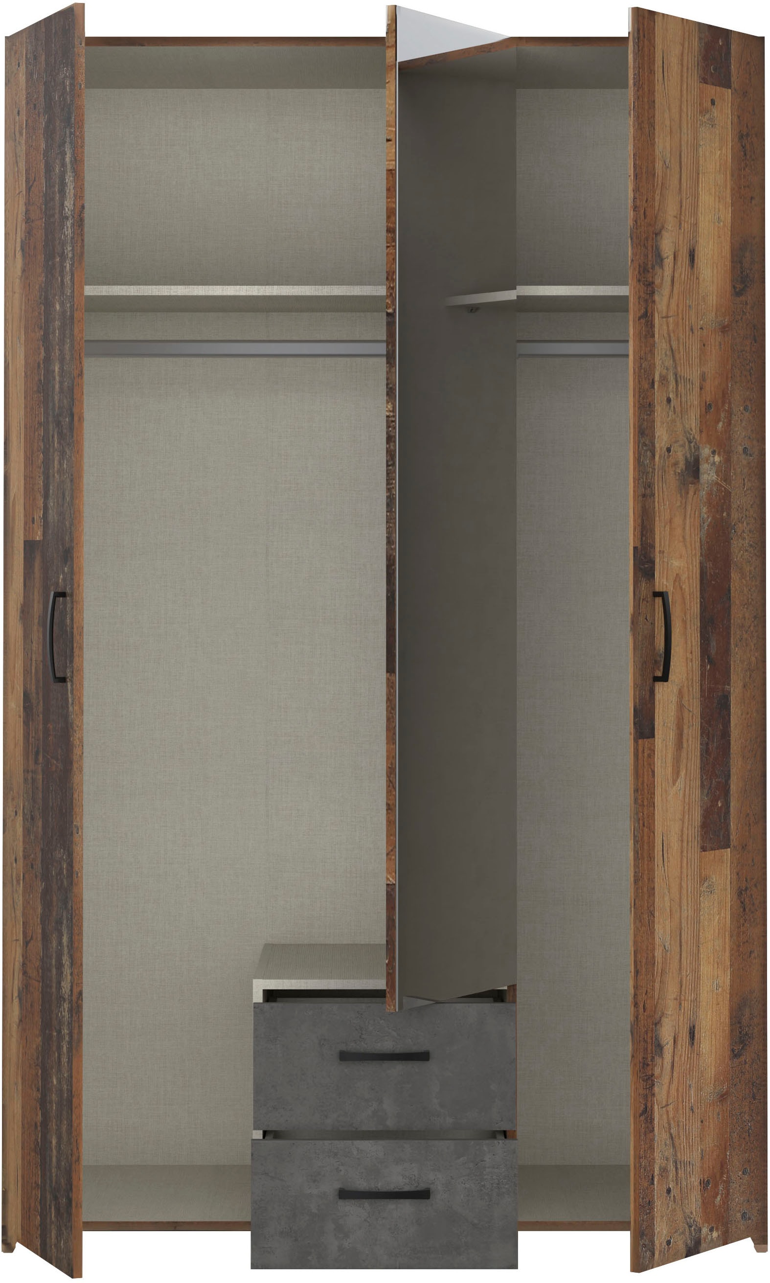 FORTE Kleiderschrank »ECONOBOX, Drehtürenschrank 120cm, mit Spiegel, 2 Schubkästen« B/H/T 119,4/190,5/54,4 cm, Old Wood Vintage/Betonoptik dunkelgrau