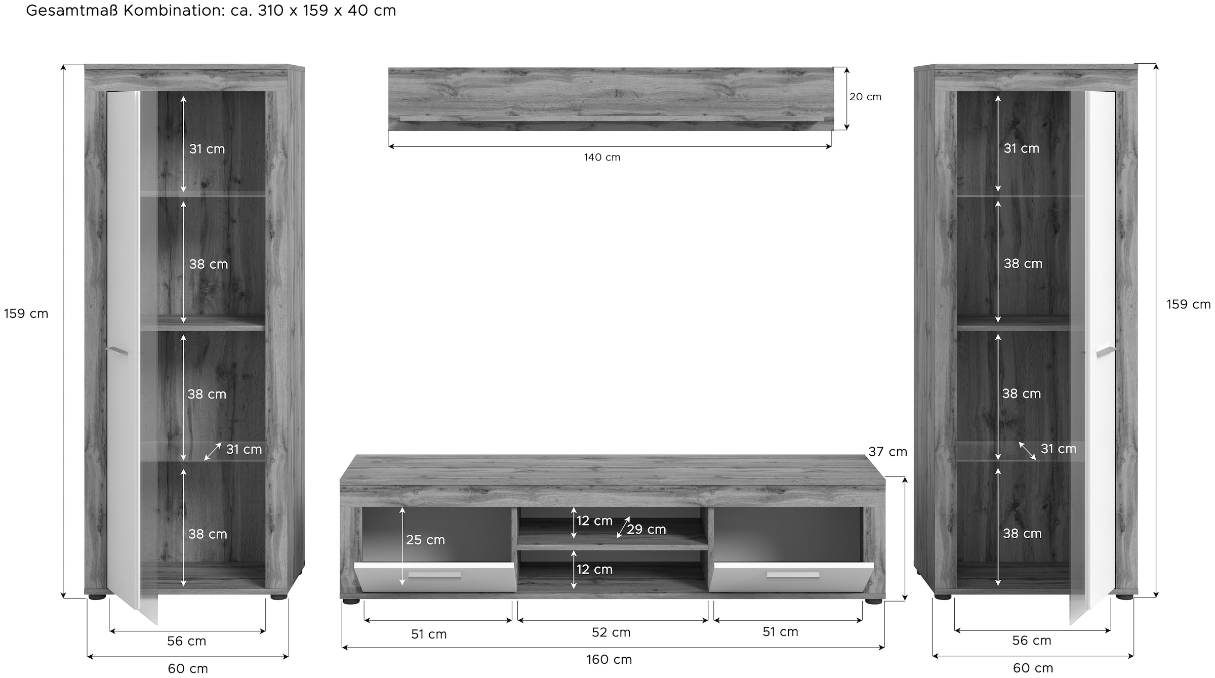 INOSIGN Wohnwand »Aosta, Breite 310cm, best. aus: 2x Vitrine, Lowboard, Wandboard«, Wohnwand, Kombination, Anbauwand, Möbel Set, Schrankwand, Möbel Kombi