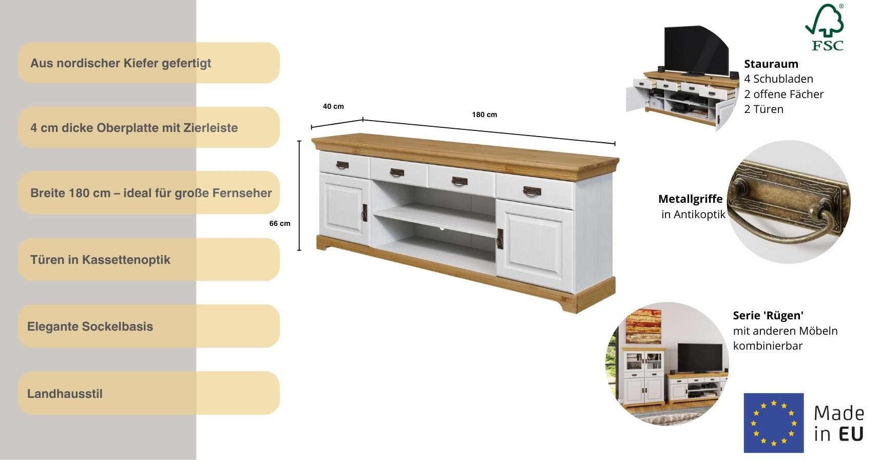 Home affaire TV-Board »Rügen«, zertifiziertes Massivholz, Breite 180 cm, im Landhausstil