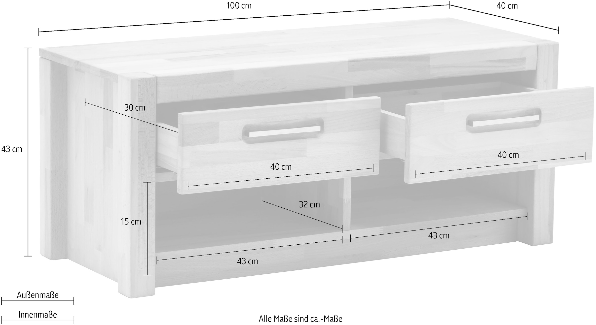 MCA living Garderobenschrank »Fenja Garderobenbank, Flurbank, Bank, Ablagebank - Breite 100 cm«, (1 St.), Massivholz, Kernbuche,2 offene Fächer, 2 Schubkästen, Made in Europe