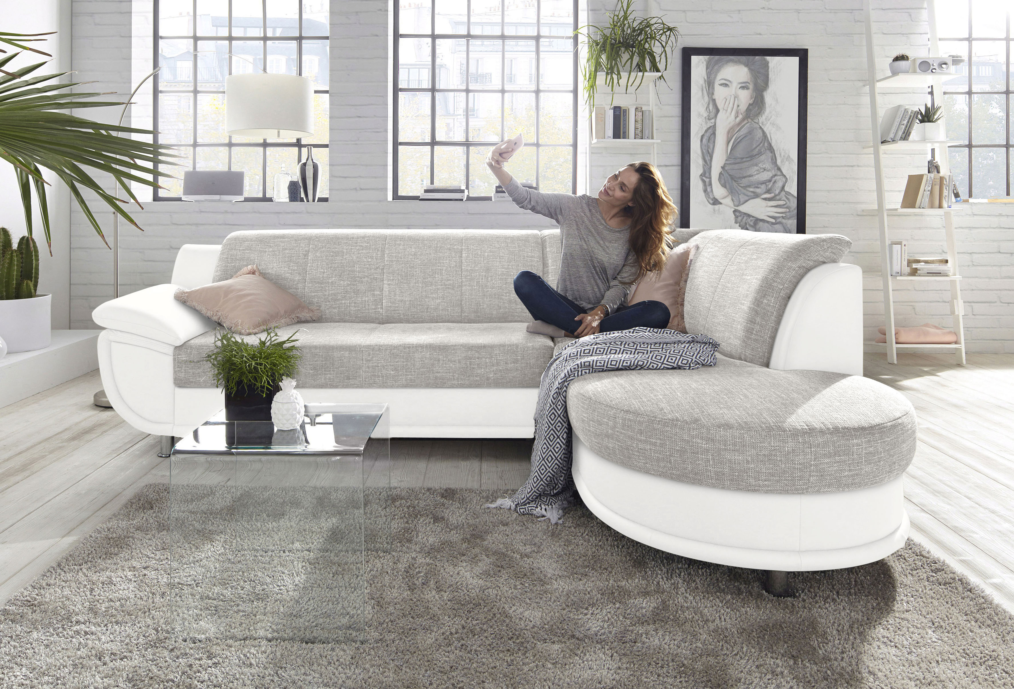 TRENDMANUFAKTUR Ecksofa "Rondo 3, zeitlos & bequem, Materialmix, L-Form, Breite 265cm" wahlweise mit Federkern für mehr Komfort, wahlweise mit Bettfunktion