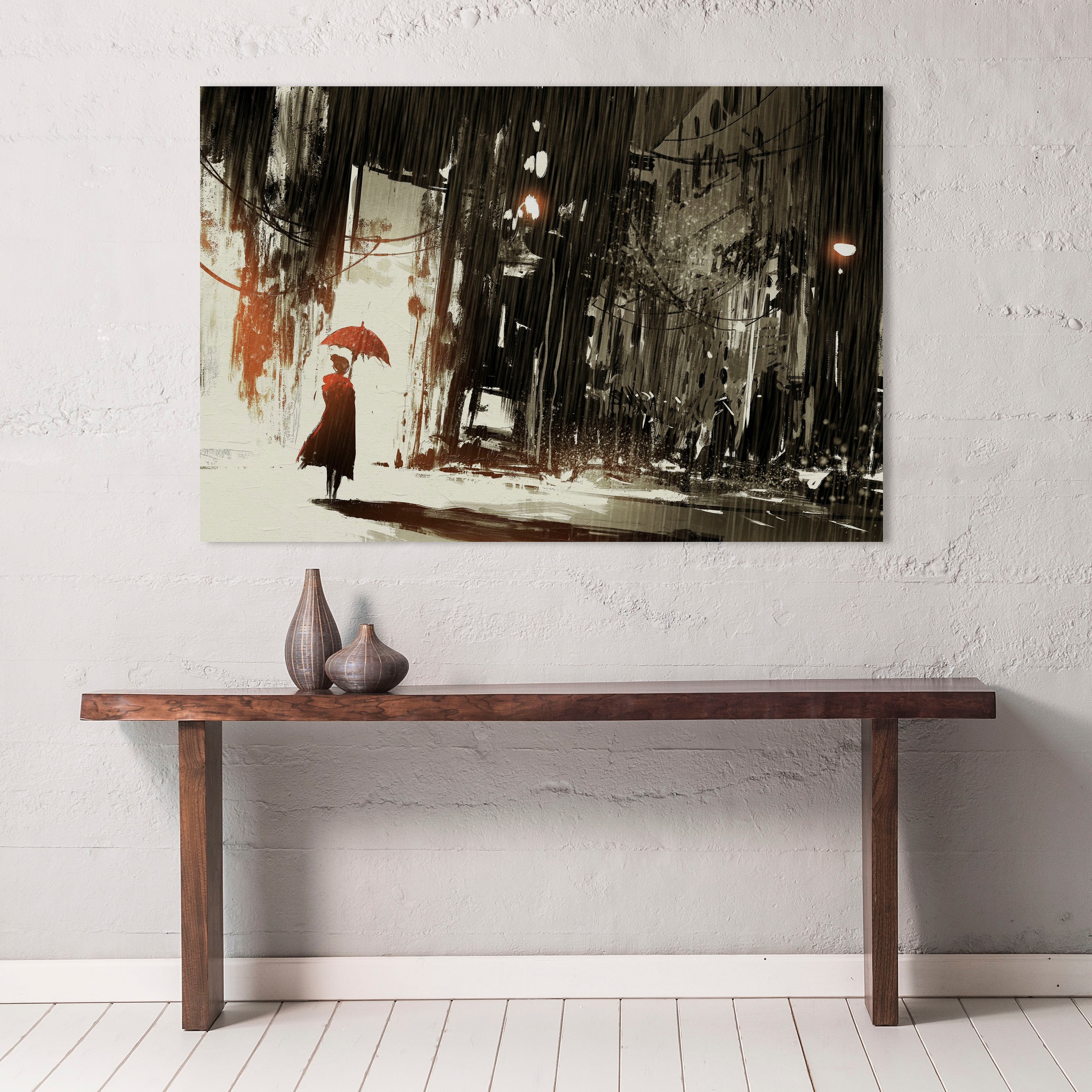 queence Leinwandbild "Frau im Regen" Filmszene  Frau  Gebäude  Rain  Städte günstig online kaufen
