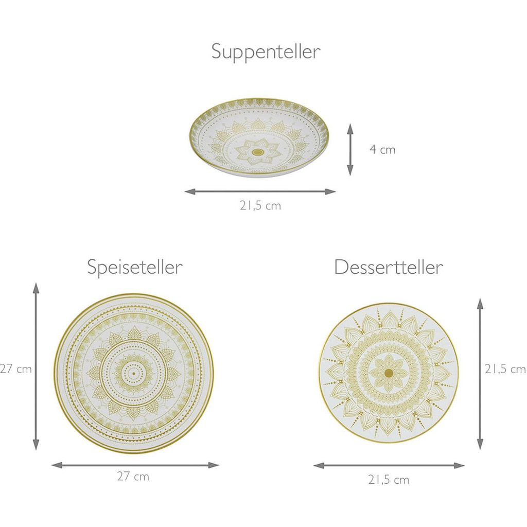 CreaTable Teller-Set »Mandala Gold«, (Set, 12 tlg., Tafelservice für 4 Personen), Service, goldene orientalische Motive, 12 Teile, für 4 Personen