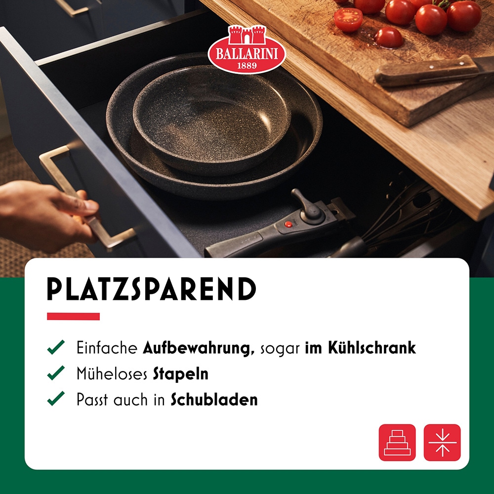 BALLARINI Pfannen-Set »Bratpfanne Torre«, Aluminium, (Set, 3 tlg., 1 abnehmbarer Griff, 1 Bratpfanne 28 cm, 1 Bratpfanne 20 cm), Abnehmbarer Griff, Keramikbeschichtung, Made in Italy, stapelbar