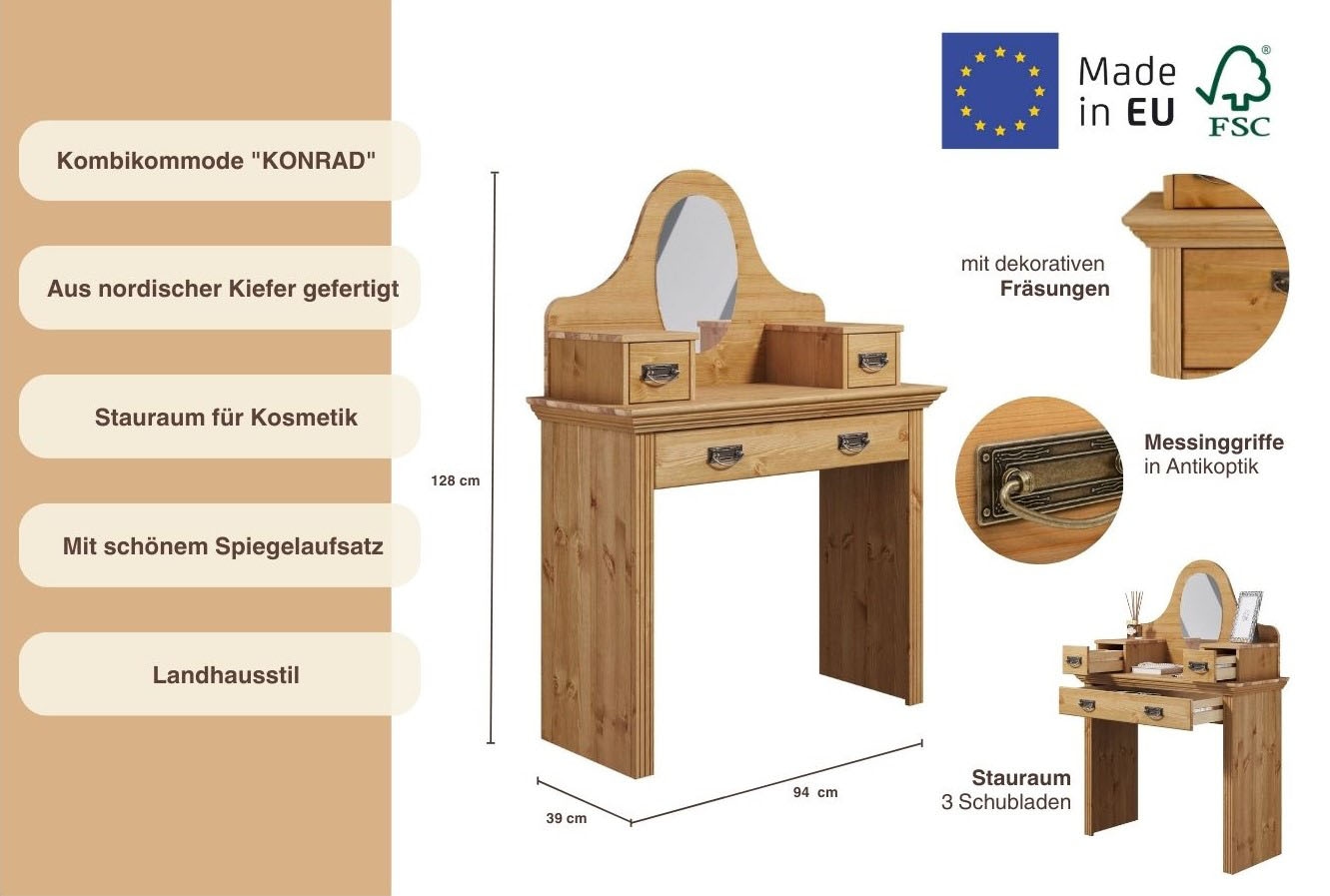 Home affaire Schminktisch »Konrad«, aus massiver Kiefer, mit Spiegel und viel Stauraum