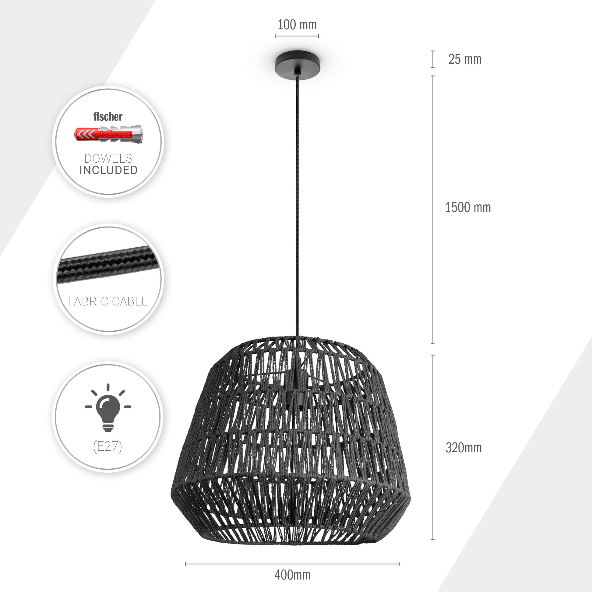Paco Home Pendelleuchte »POMI«, Leuchtmittel E27 | ohne Leuchtmittel, Pendelleuchte Korb Lampe Esszimmerlampe Rattan Papier Boho E27