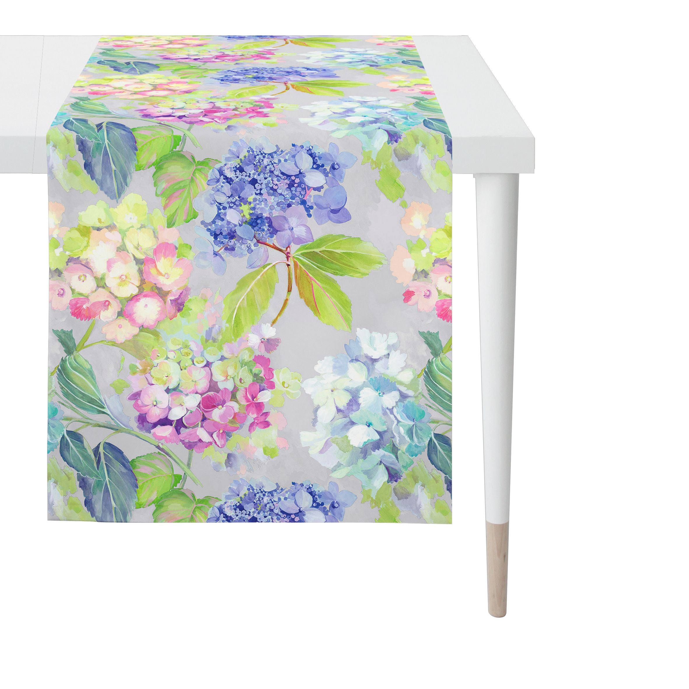 Tischläufer APELT "3108", bunt (grau, mauve, grün), B:48cm H:0,5mm L:140cm, Obermaterial: 100% Baumwolle, Tischdecken, trendige Blumen im Aquarellstil