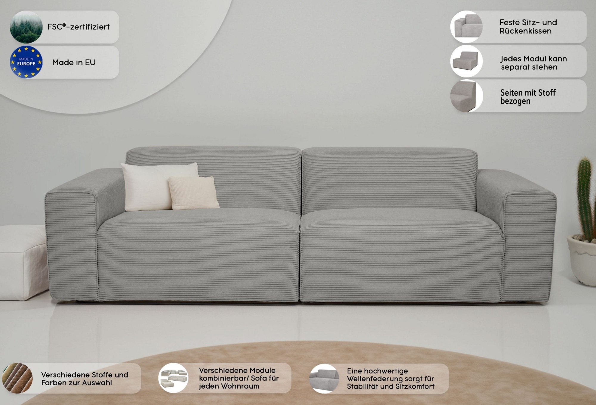 Thumbnail - INOSIGN 3-Sitzer "Koa, 228 cm, Modulsofa in Webstoff, Cord", Designsofa, weicher Lounge-Sitzkomfort, Welleunterfederung,...