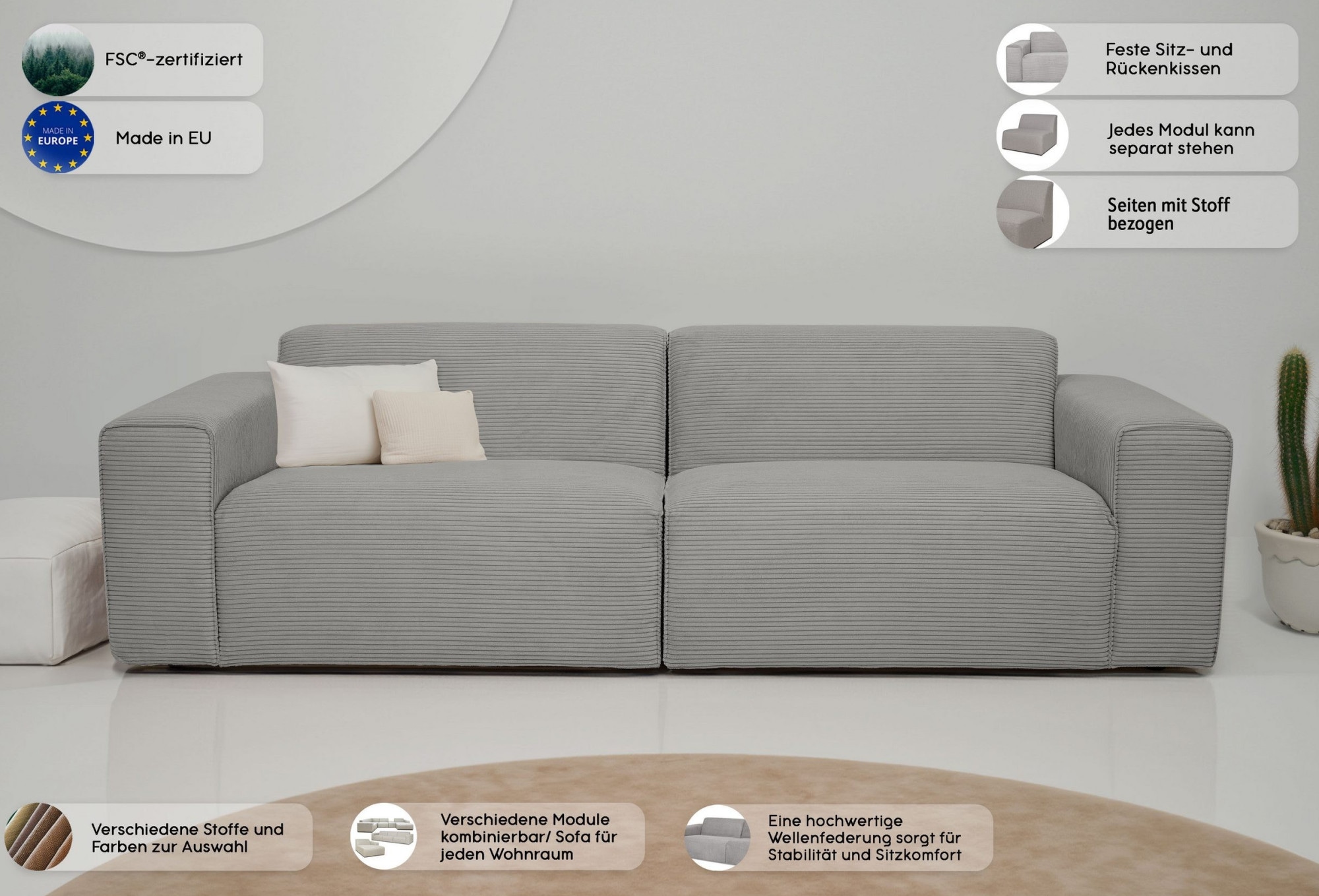 Thumbnail - OTTO home 3-Sitzer "Koa, 228 cm, Modulsofa in Cord, Chenille, Struktur, Webstoff" Designsofa, weicher Lounge-Sitzkomfort...
